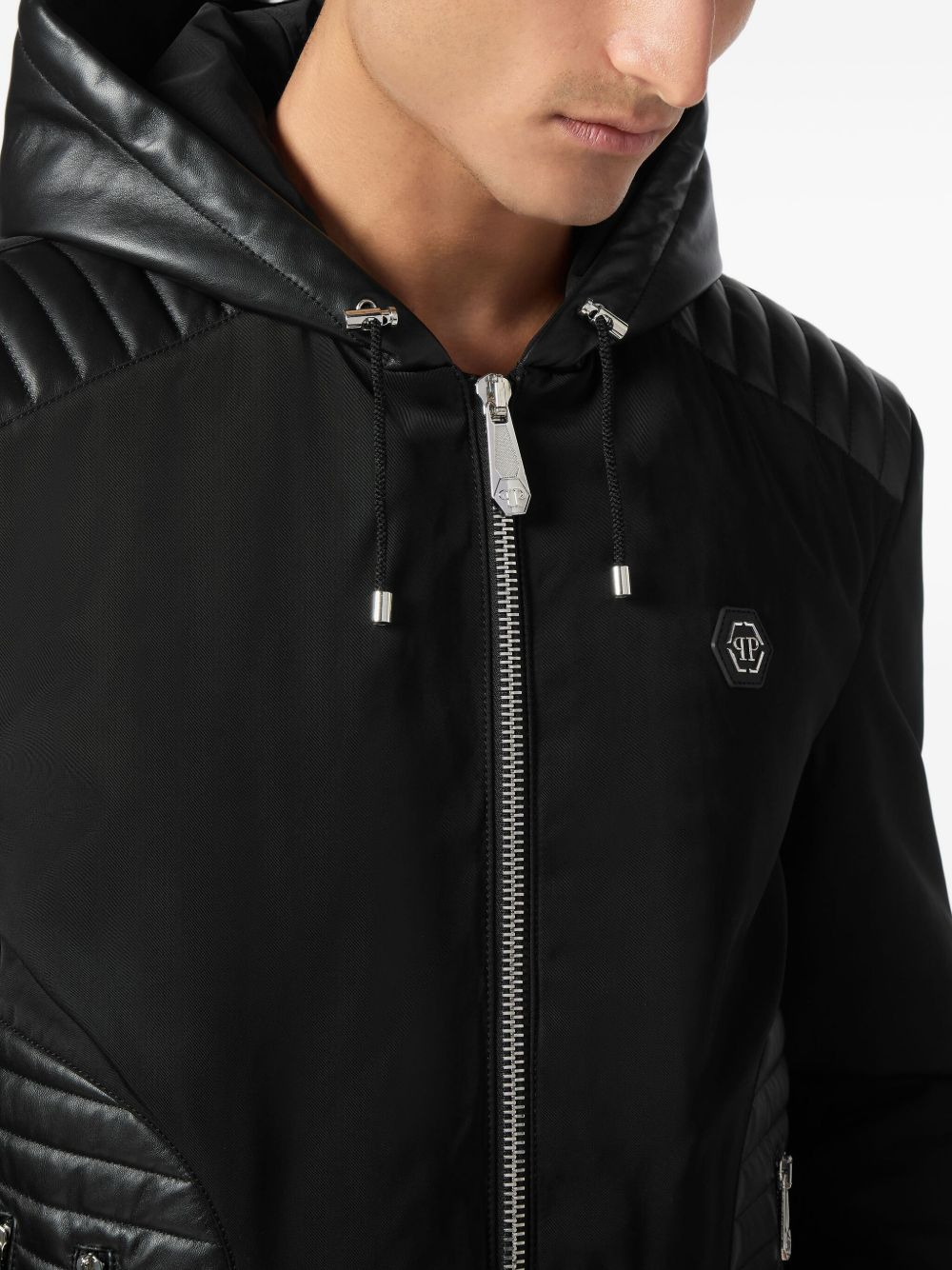 hooded leather-insert jacket - 5