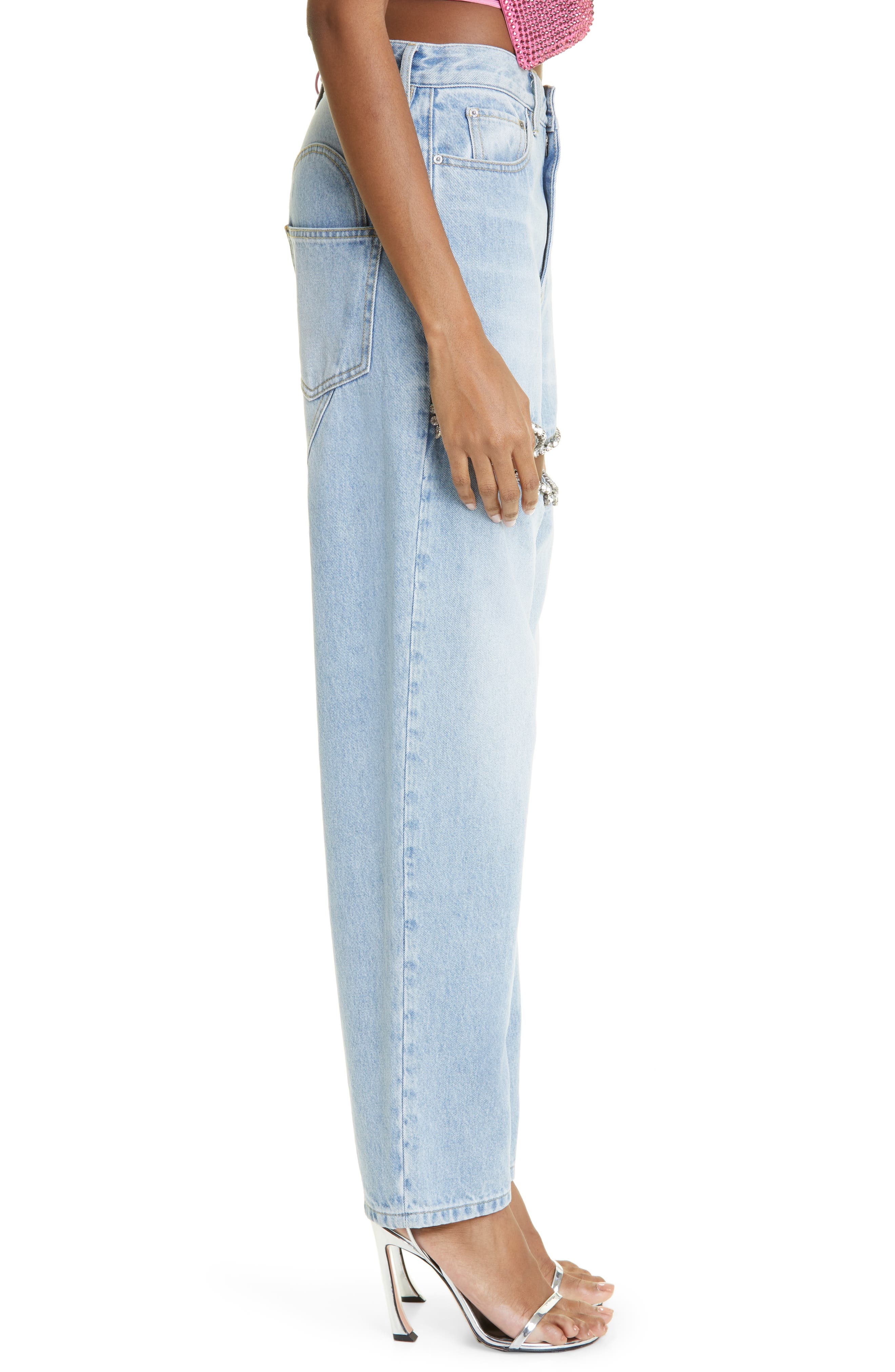 Area Crystal Slit Cotton Denim Straight Leg Jeans in Light Blue at Nordstrom - 3