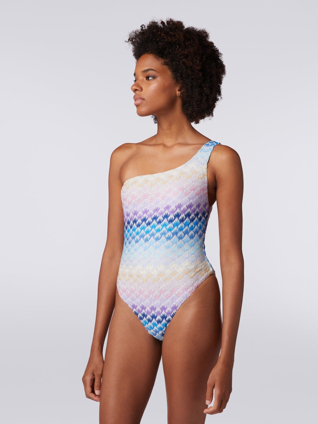 Lace-effect one-shoulder one-piece swimming costume with lurex - 3
