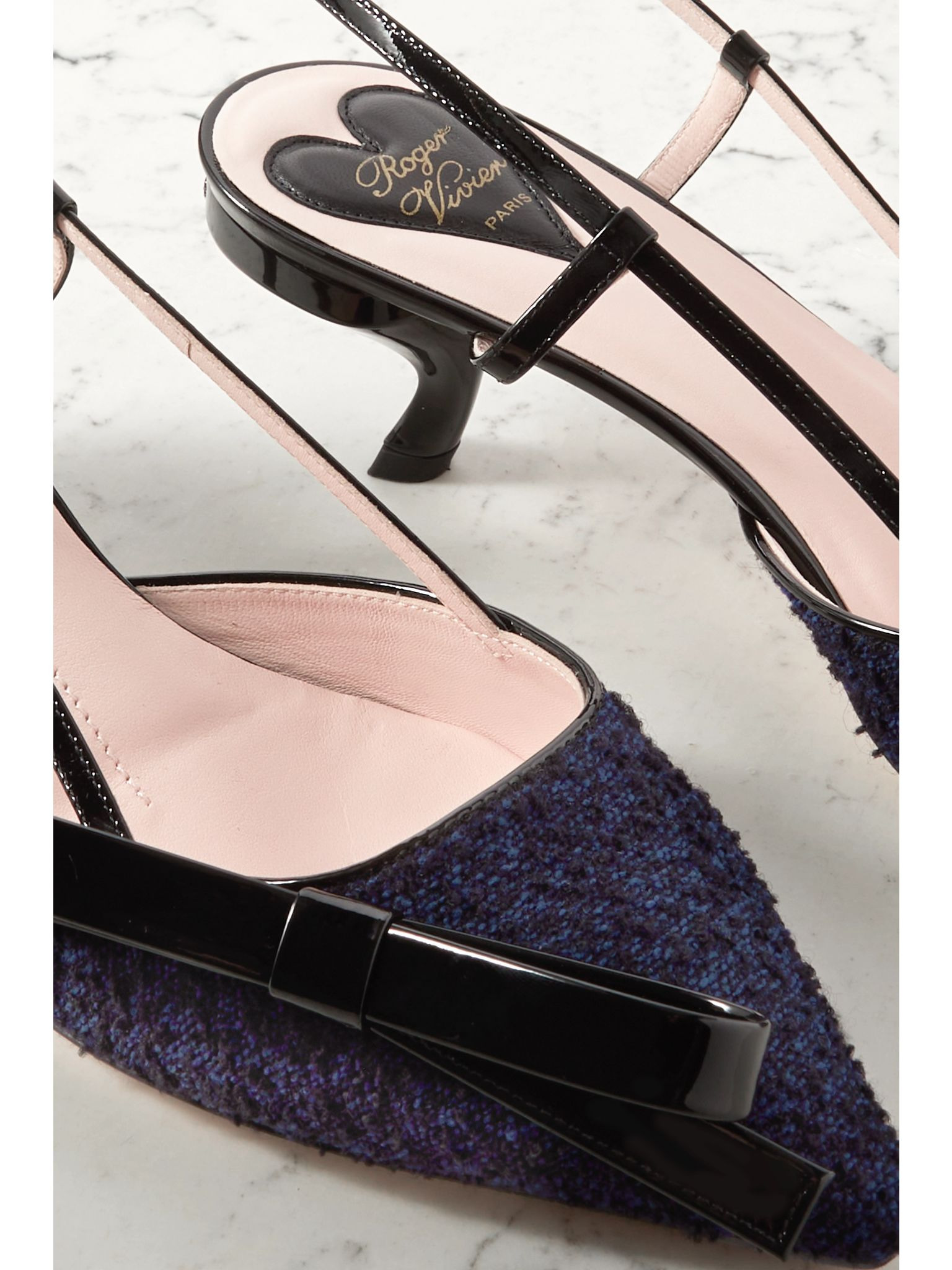 Virgule 55 patent-leather and bouclé-tweed slingback pumps Navy - 4