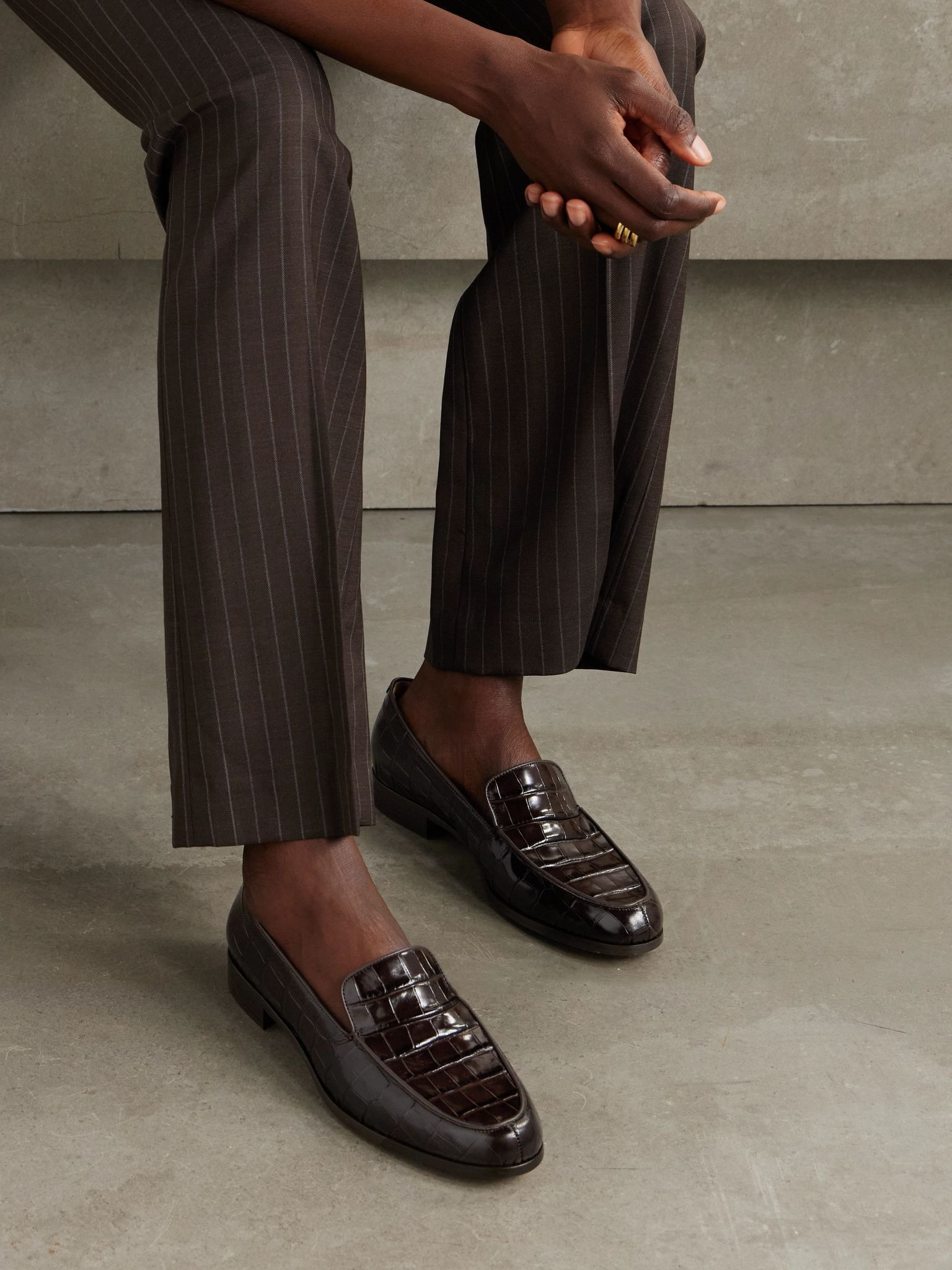 Danielle glossed croc-effect leather loafers Dark brown - 2