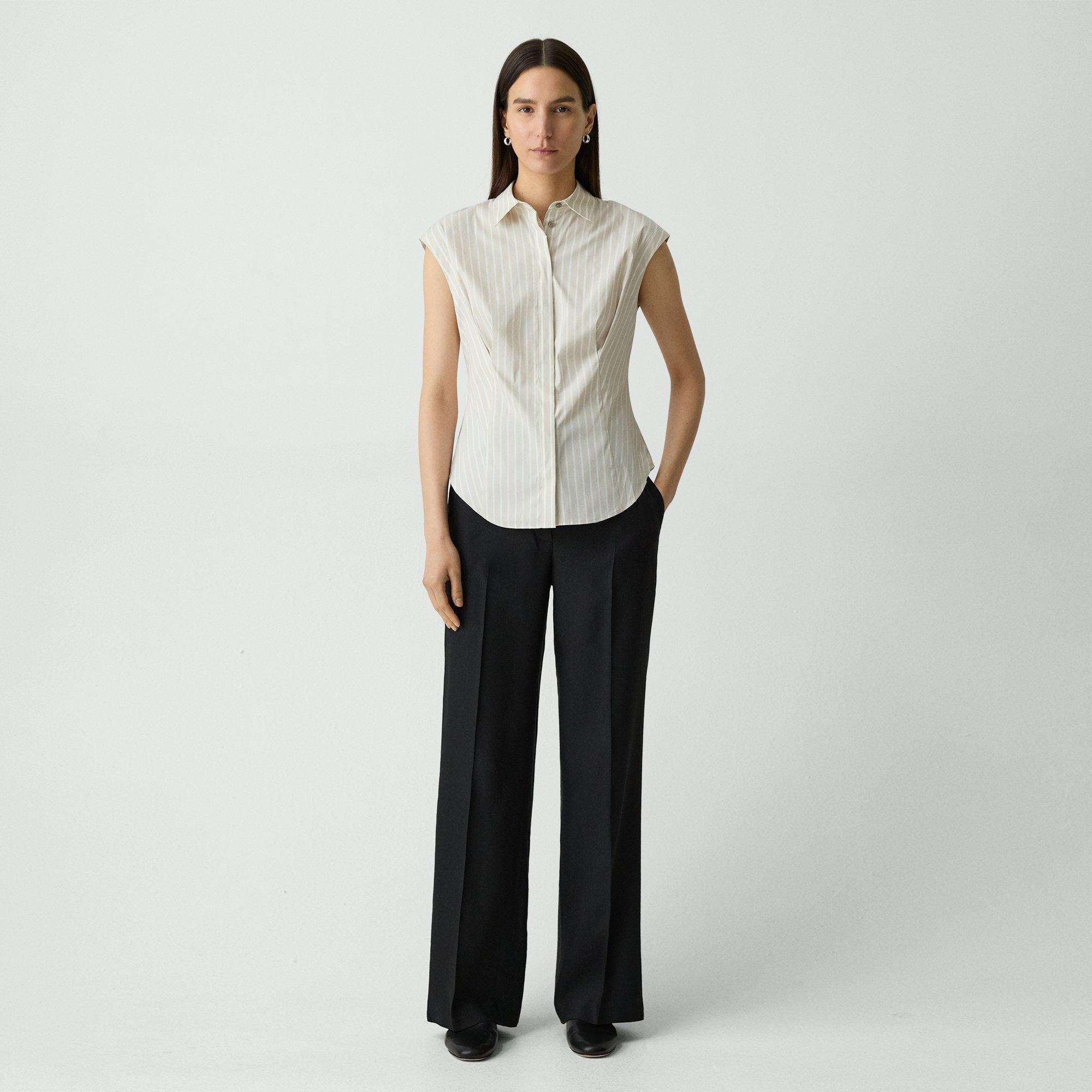 Cinched Cap-Sleeve Shirt in Striped Cotton-Blend - 6