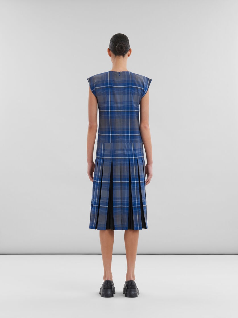 BLUE CHECKED WOOL BLEND DRESS WITH CONTRAST PLEATS - 3