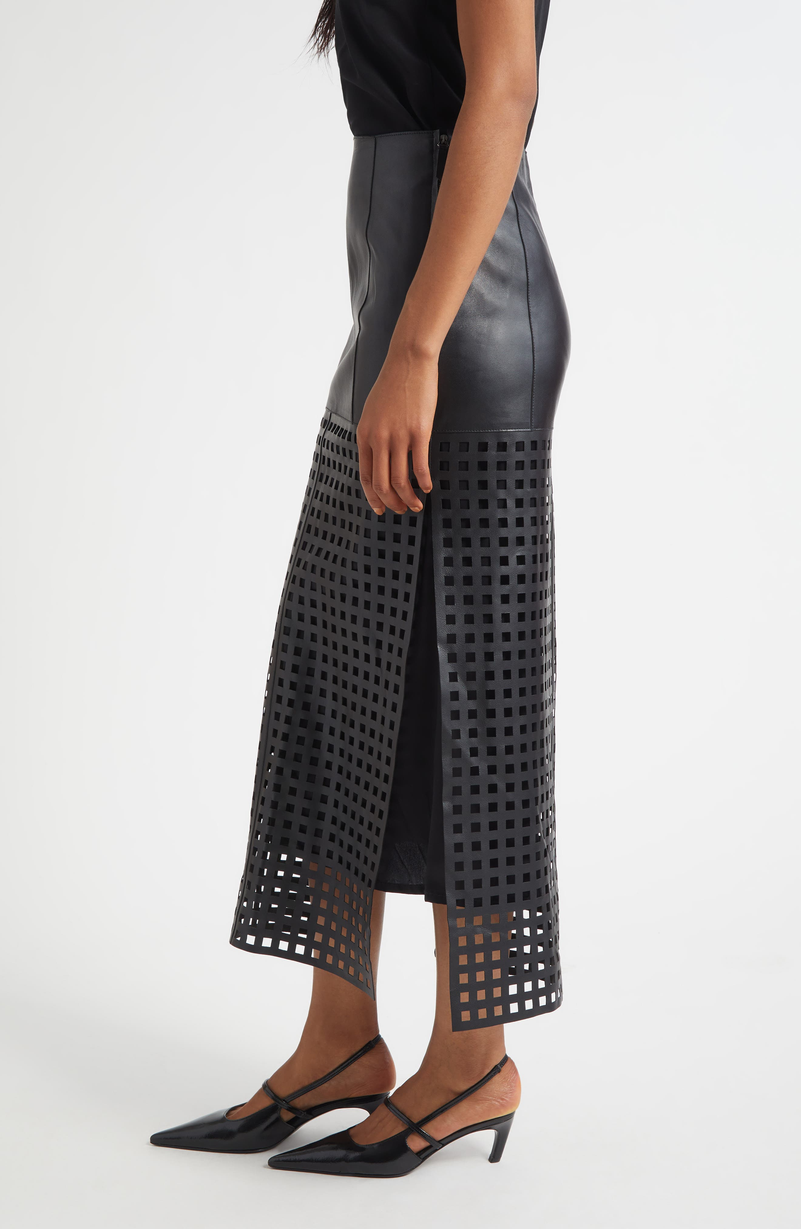 Emporio Armani Laser Cut Nappa Leather Midi Skirt in Solid Black at Nordstrom - 4
