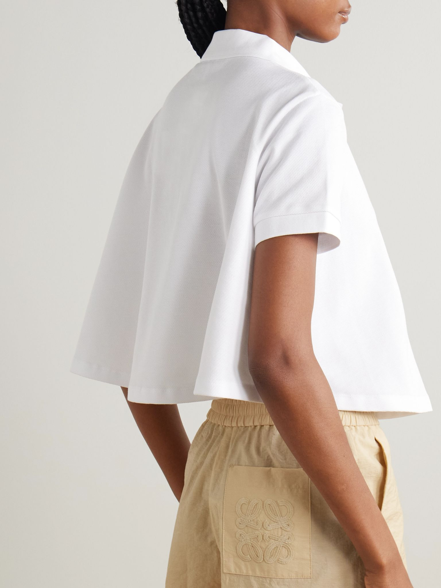 Cropped embroidered cotton-piqué polo shirt White - 3
