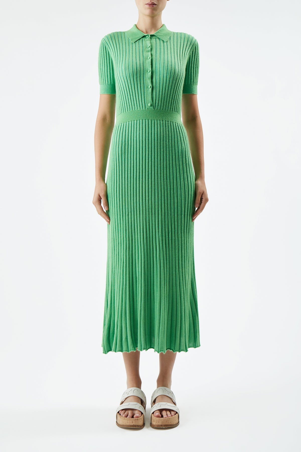 Amor Ribbed Dress in Fluorescent Green Cashmere Silk - 2