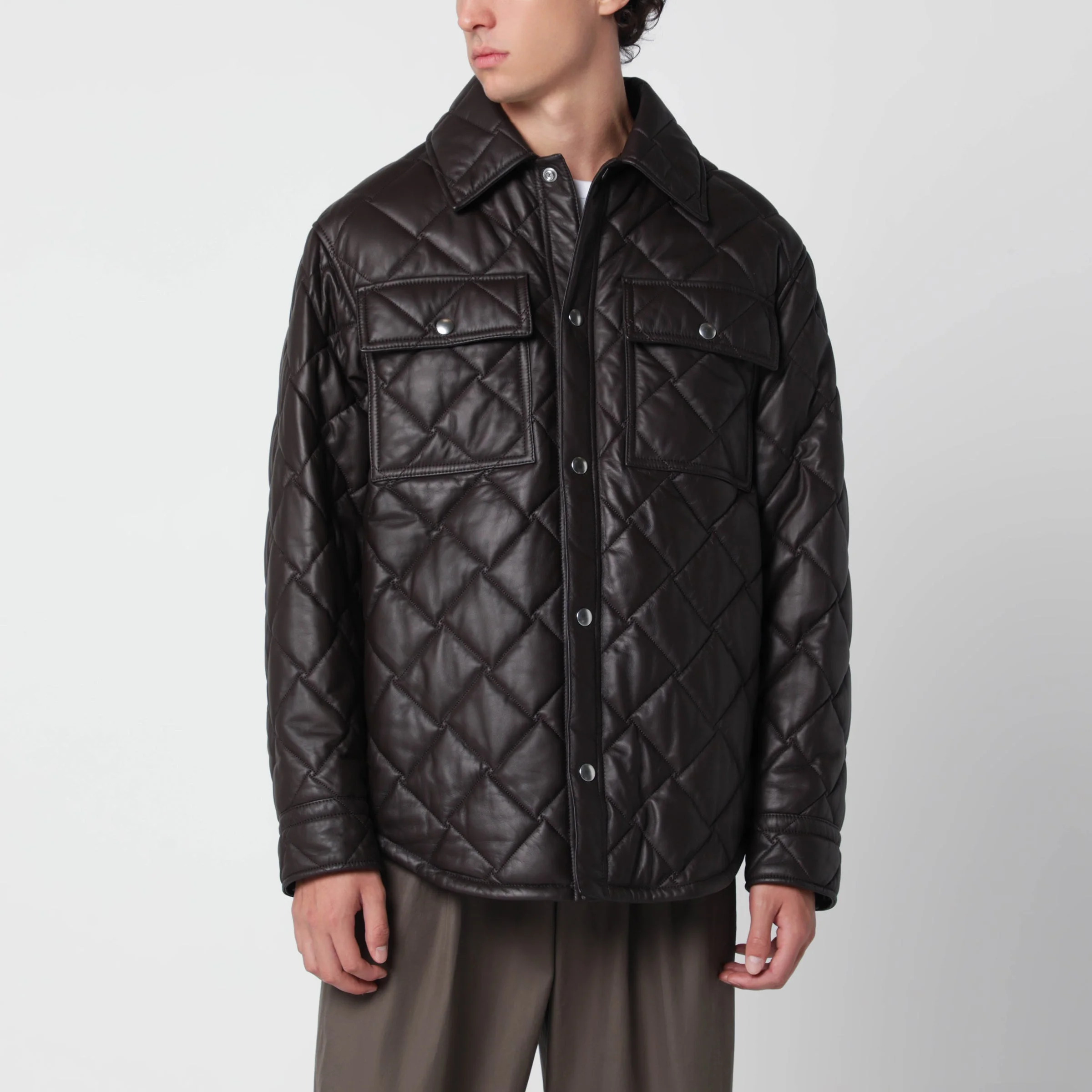 Brown quilted leather shirt jacket - 1