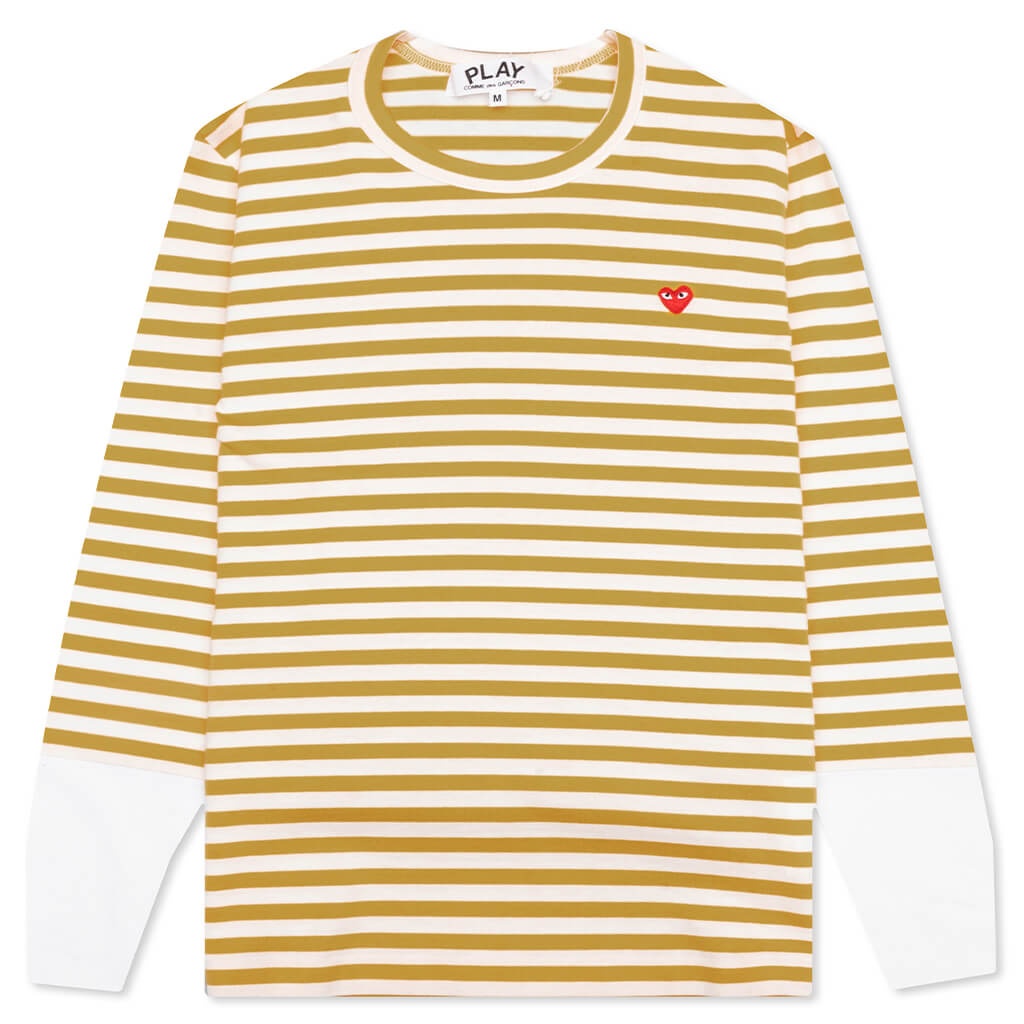 WOMEN'S STRIPED WHITE SLEEVE L/S T-SHIRT - MUSTARD - 1