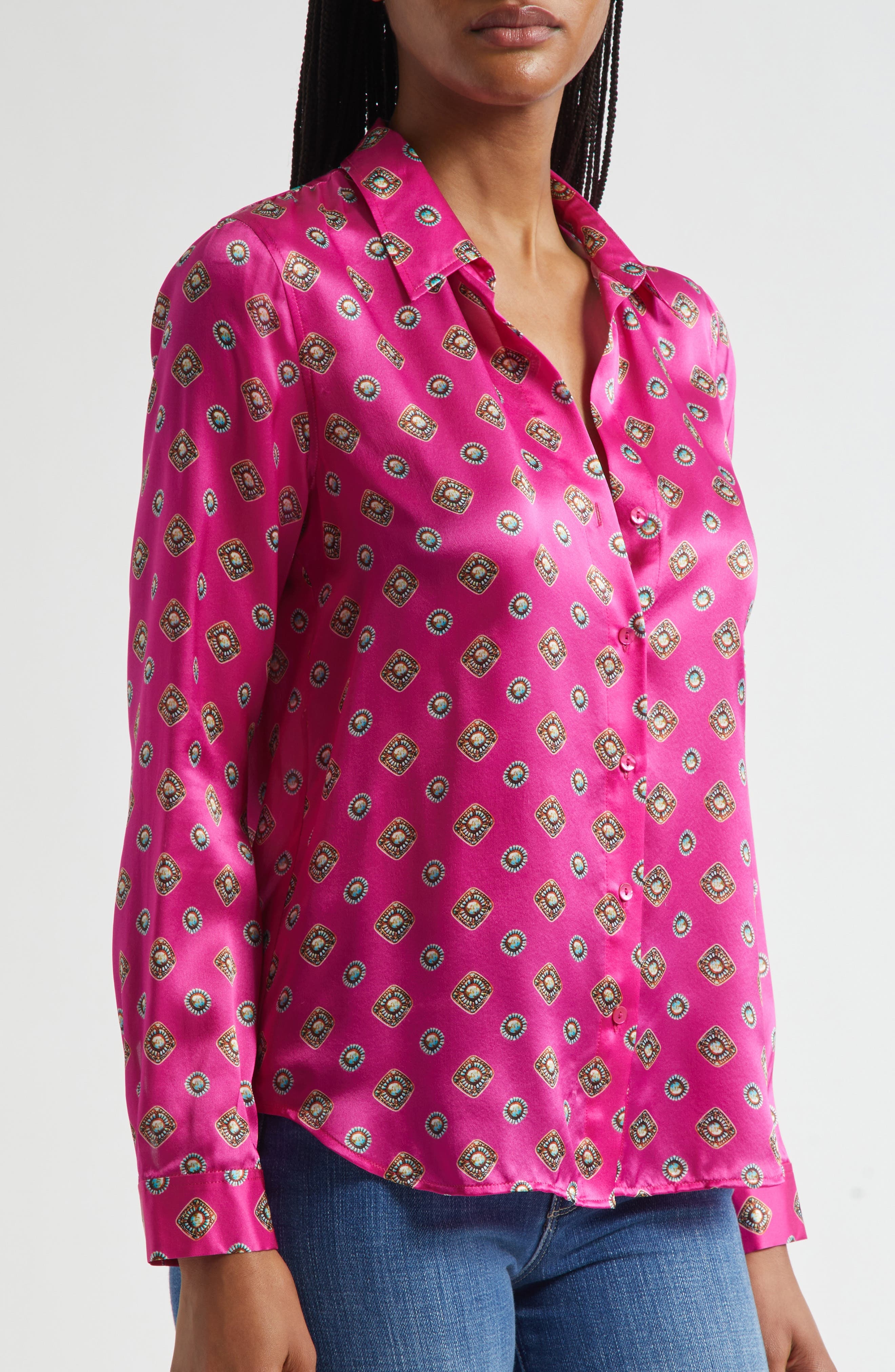 L'AGENCE Tyler Geometric Turquoise Print Silk Button-Up Shirt in Fuchsia/Turquoise Geometric at Nord - 4