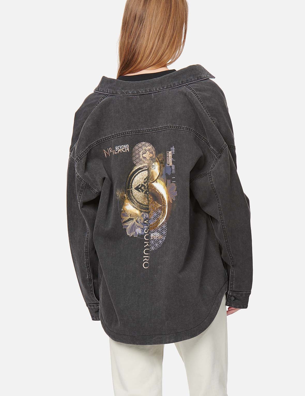 Kamon Glitter Print Oversize Denim Shirt Jacket - 3