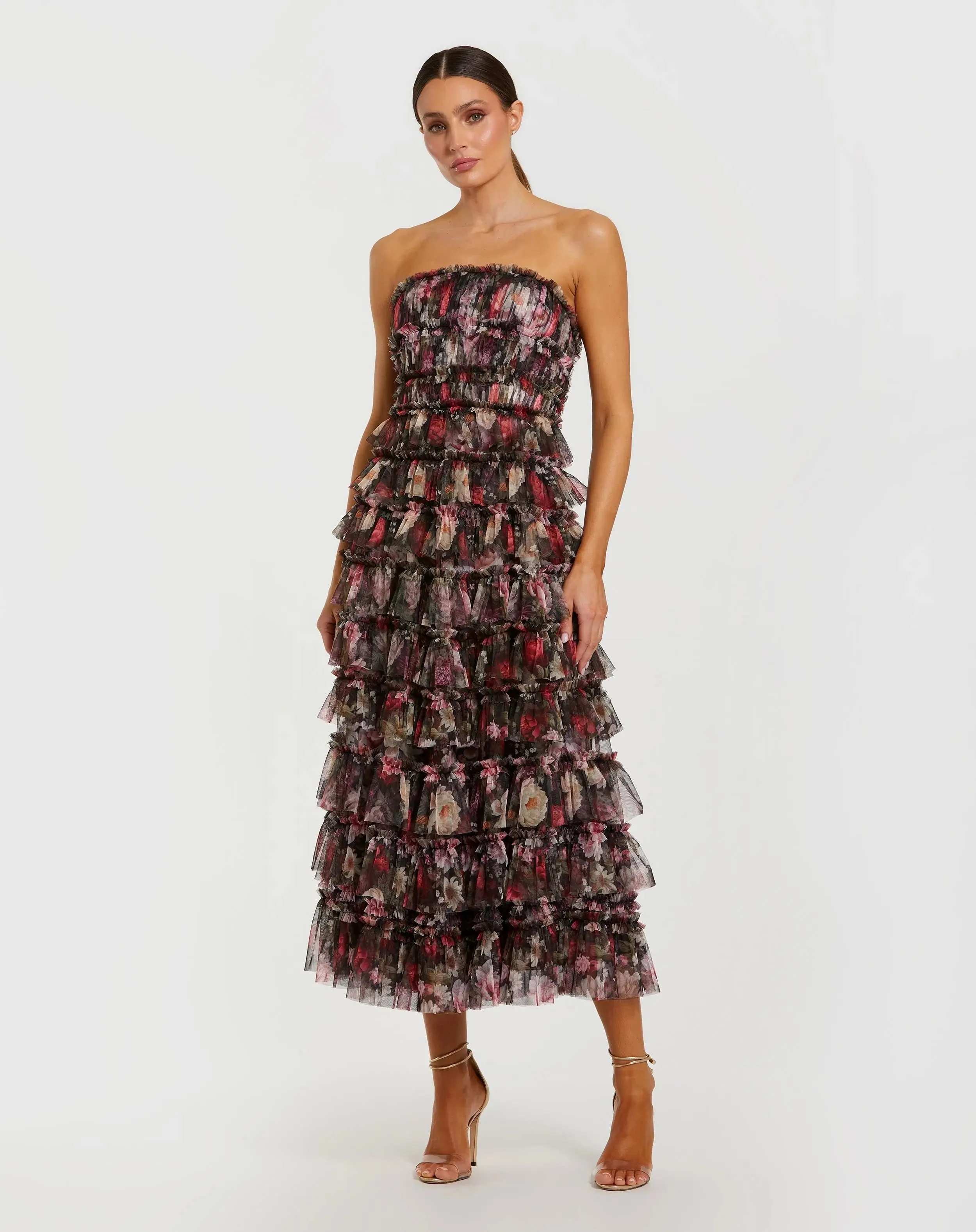Black Multicolor Strapless Micro Ruffle A Line Midi Dress - 1