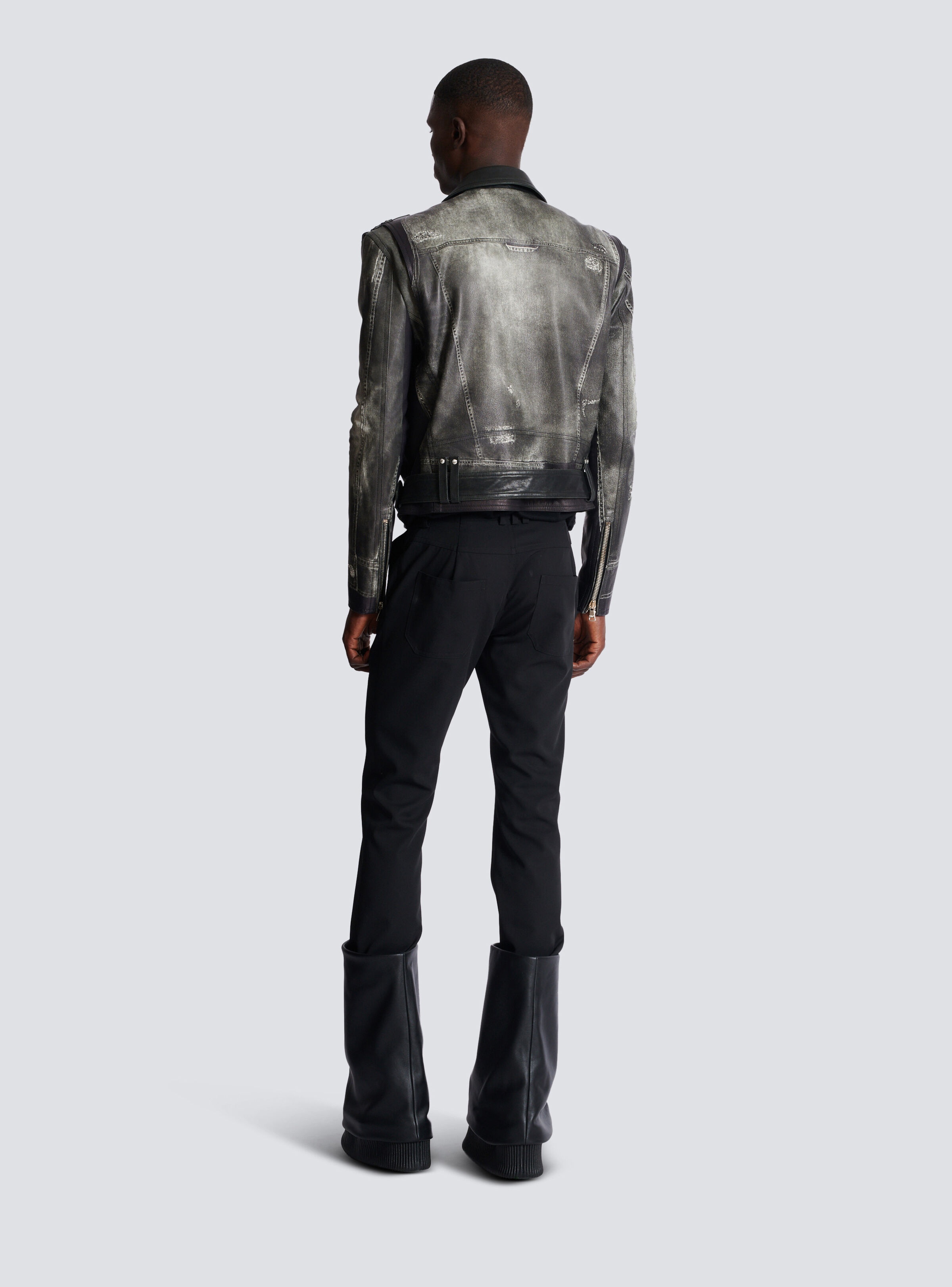 Leather biker jacket with denim print - 4