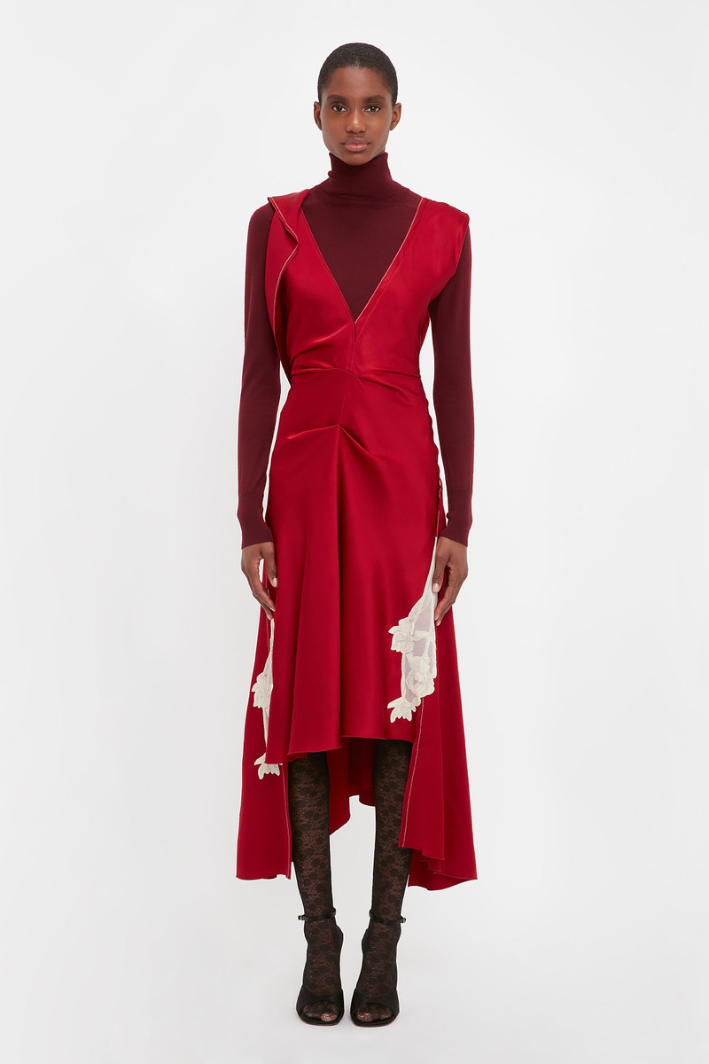 Draped Lace Midi Dress In Poppy Red 4