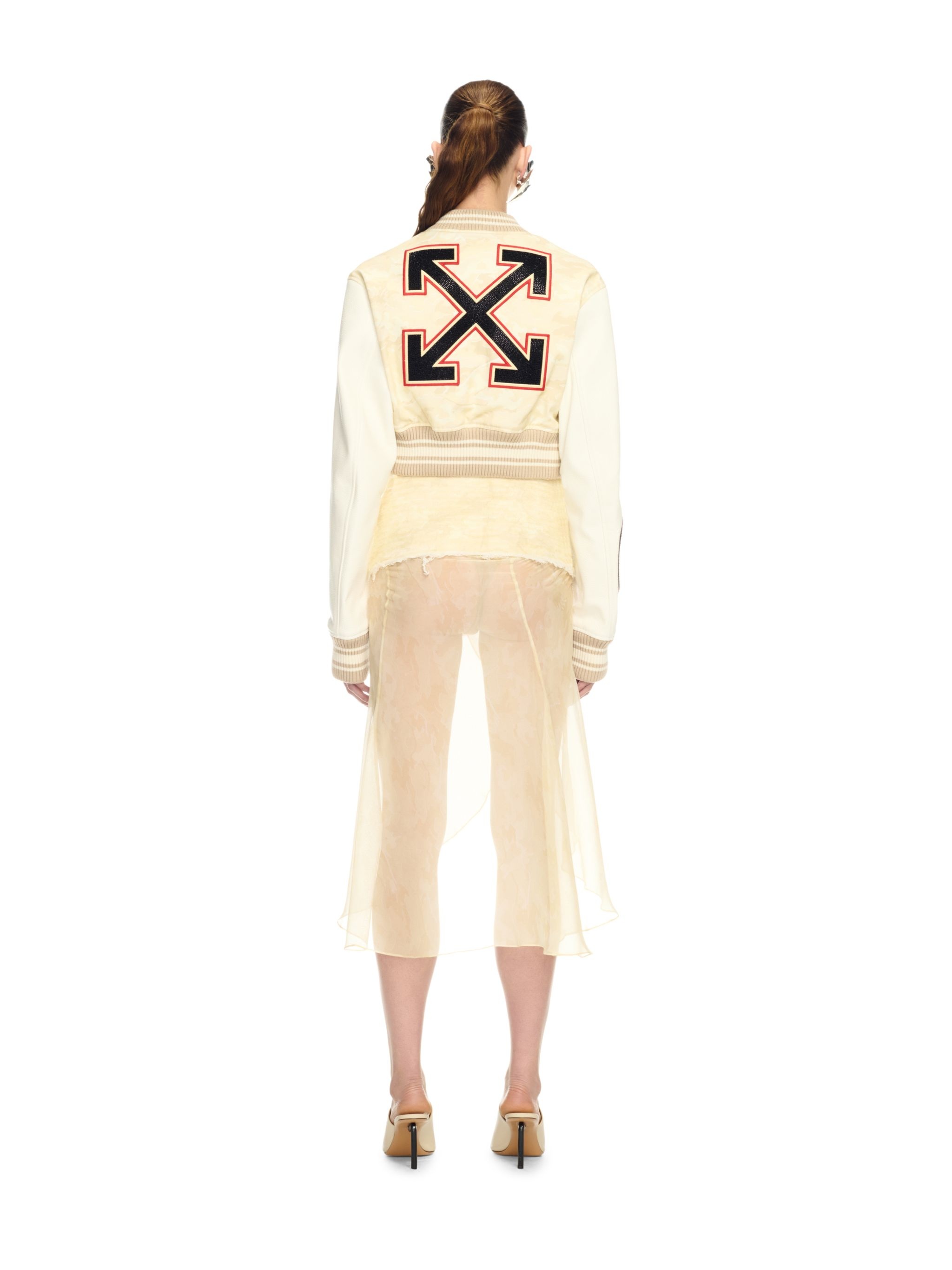 Cream Camo Leather Cropped Varsity Jacket - 4