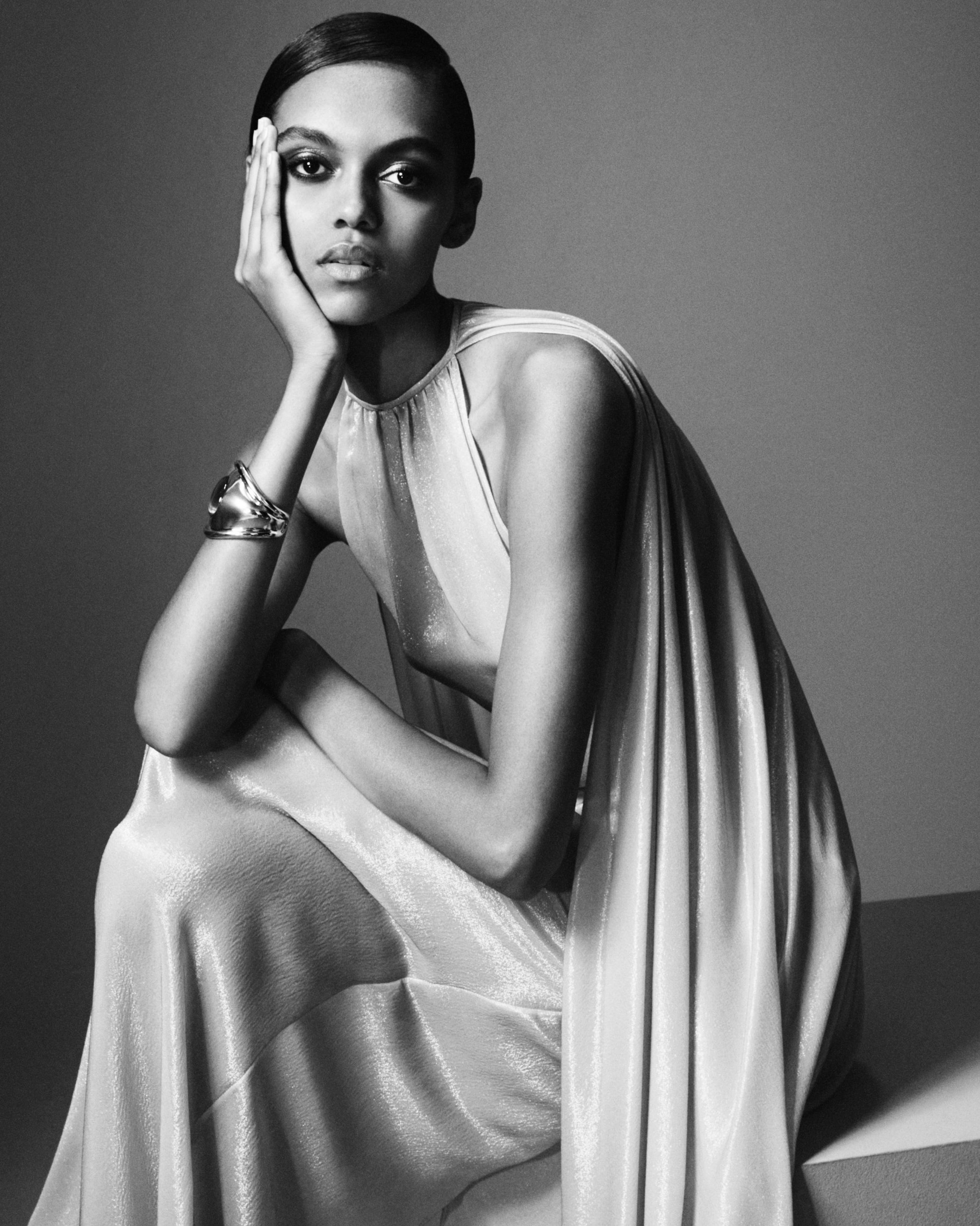 EVENING DRESS WITH KEYHOLE NECKLINE AND ASYMMETRIC CAPE - 2
