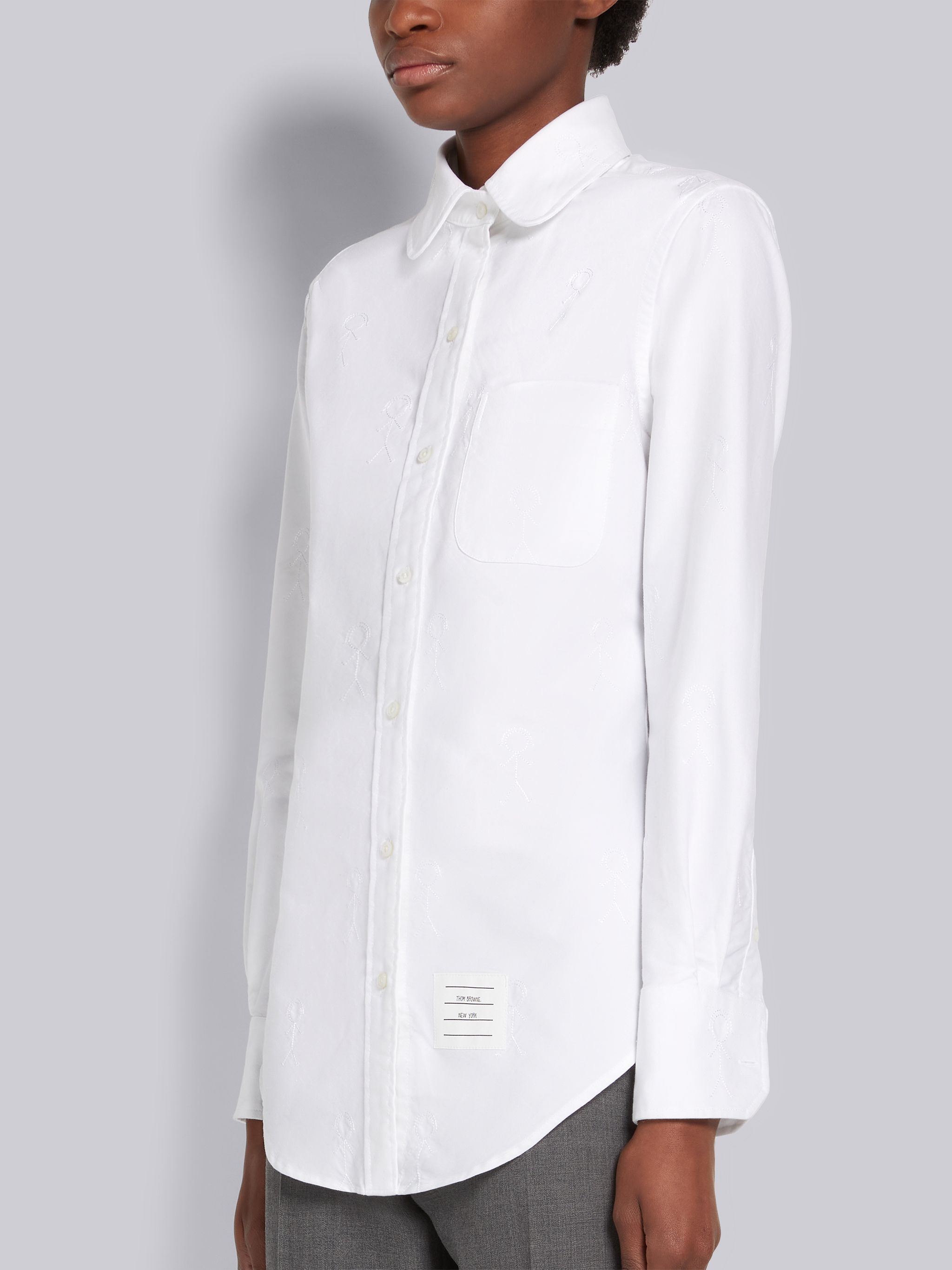 White Oxford Tonal Mrs. Thom Icon Satin Stitch Half Drop Embroidery Classic Round Collar Shirt - 2