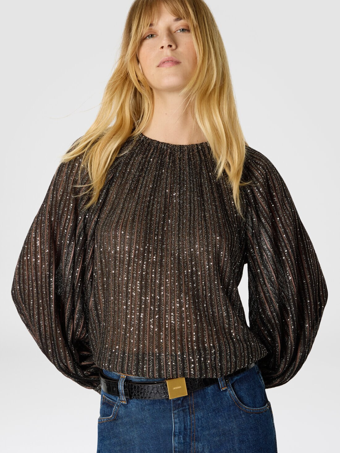 Flared Crew Neck Sweater with Lamé Stripes - 4