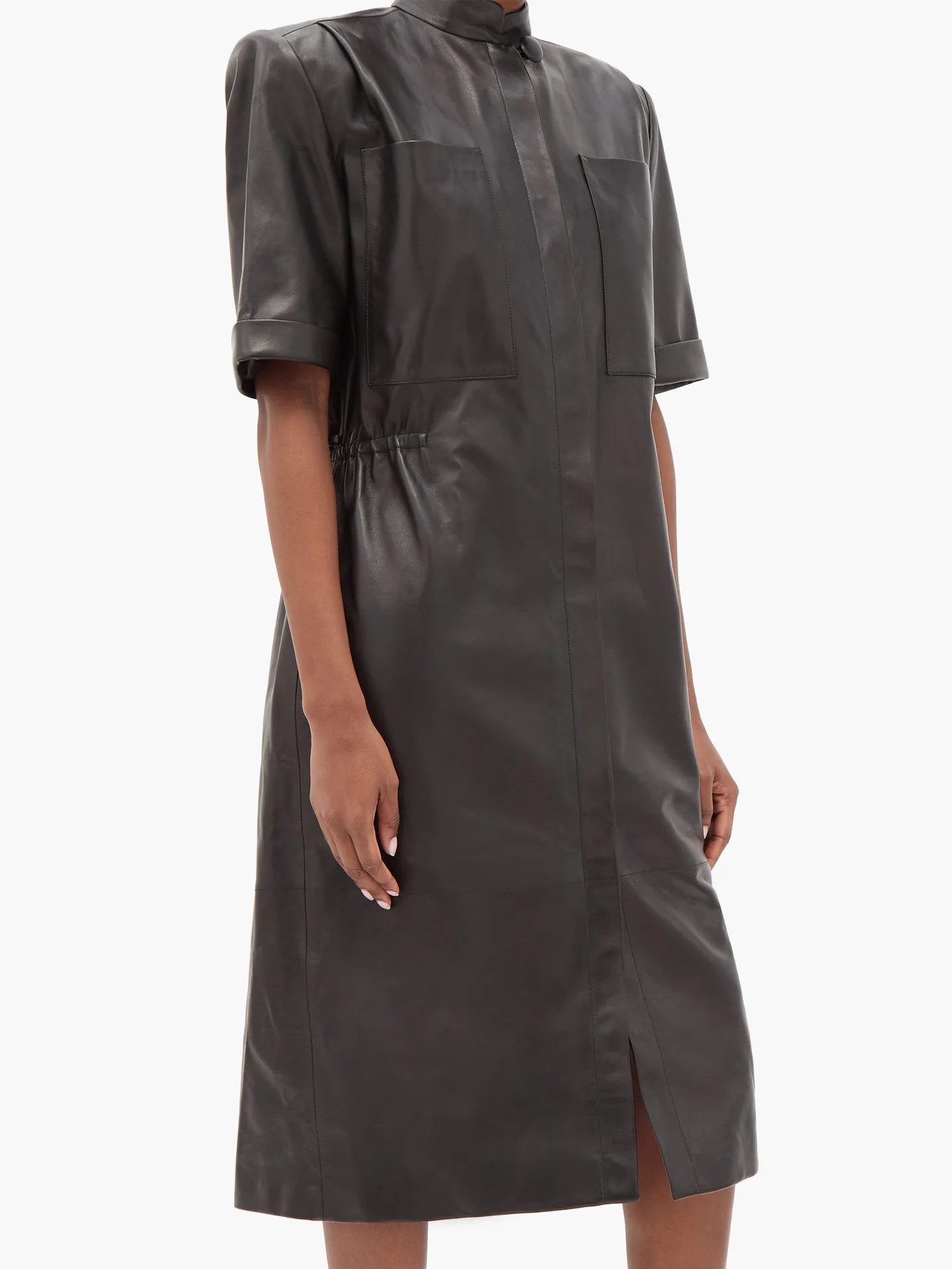 Exaggerated-shoulder leather shirt dress - 6