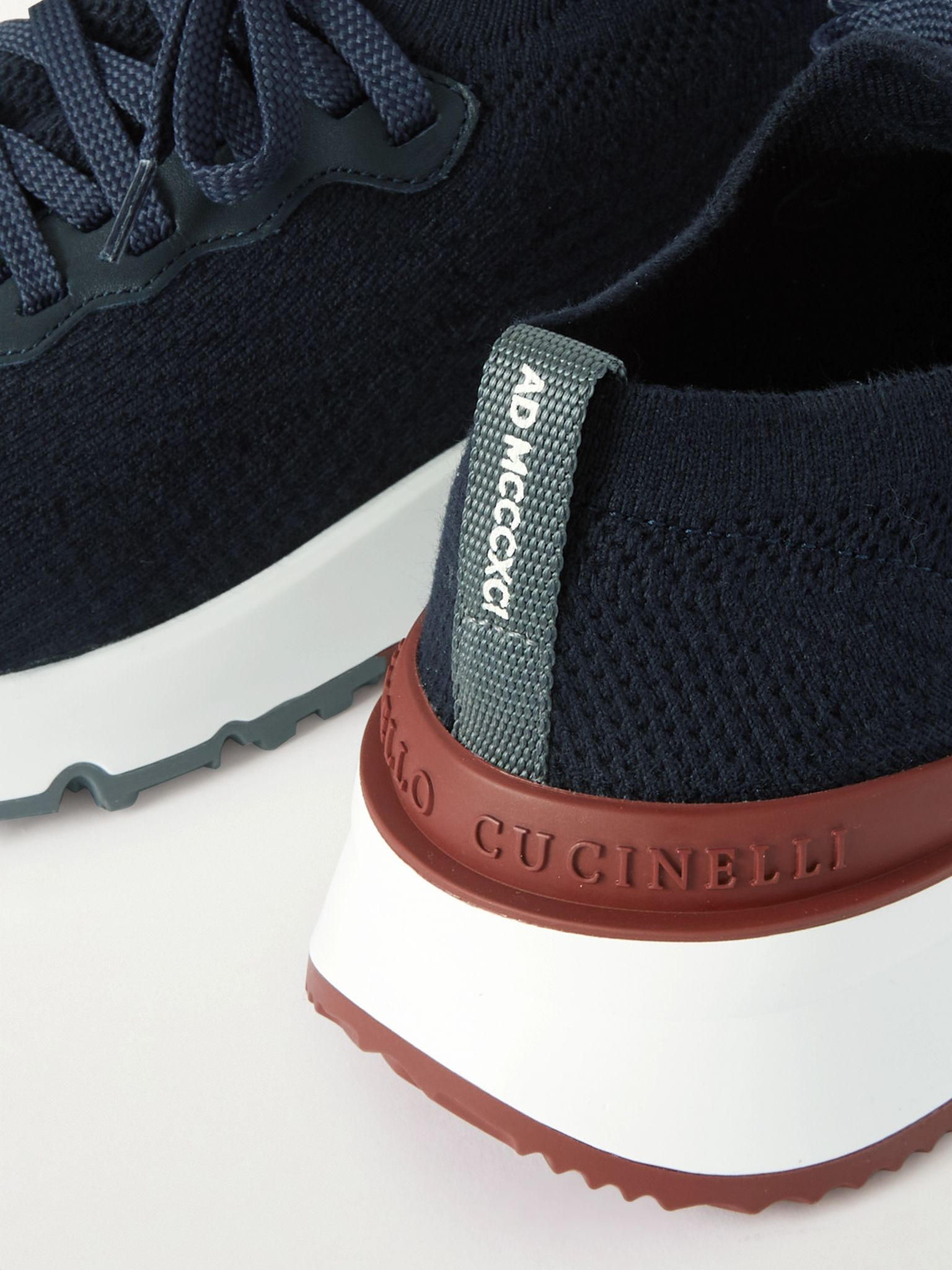 Leather-Trimmed Stretch-Knit Sneakers Navy - 5