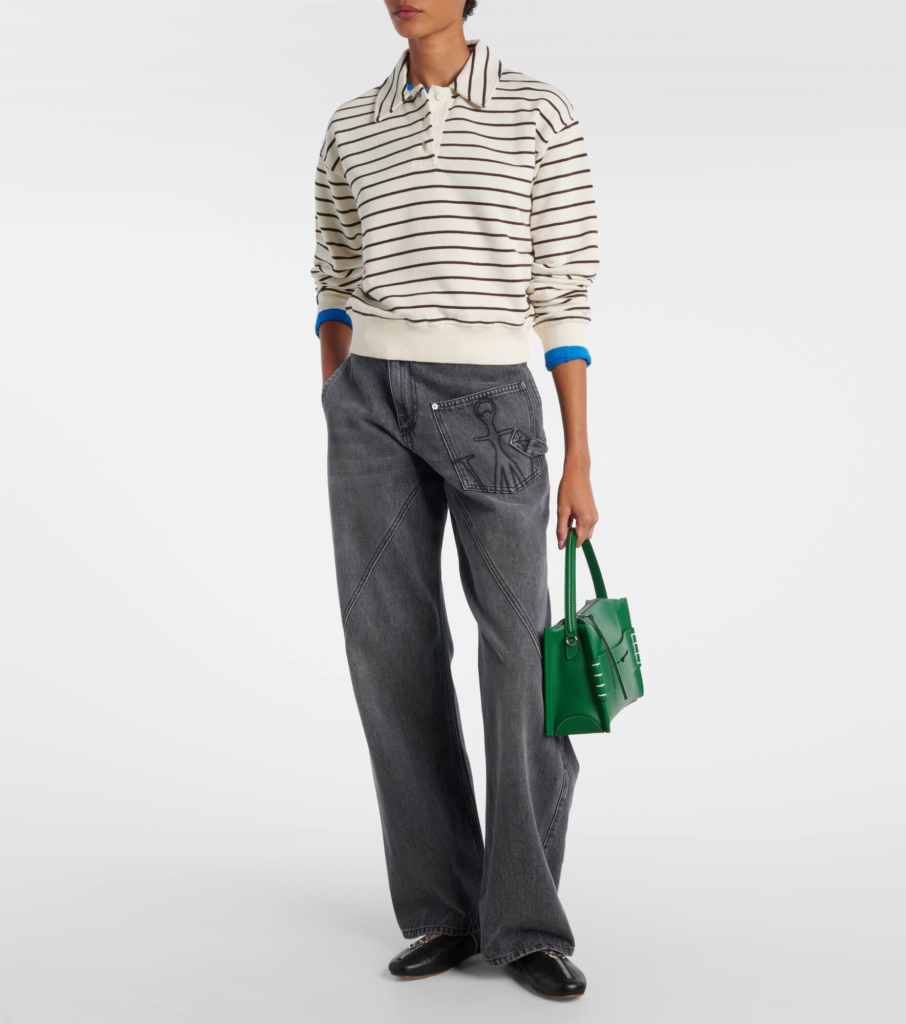 Cropped striped cotton polo sweater - 2