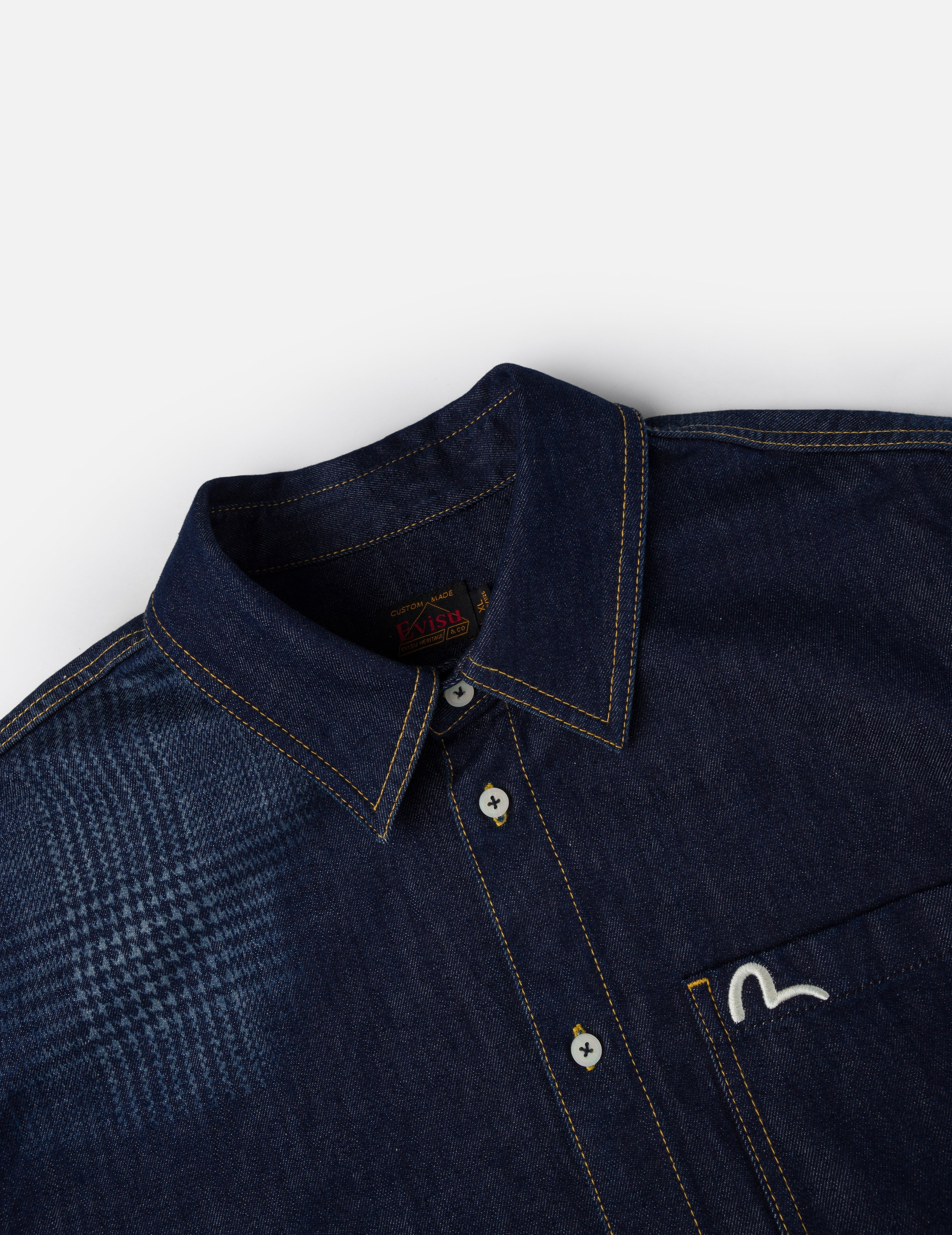 Handbrush Houndstooth Print Relax Fit Denim Shirt - 6