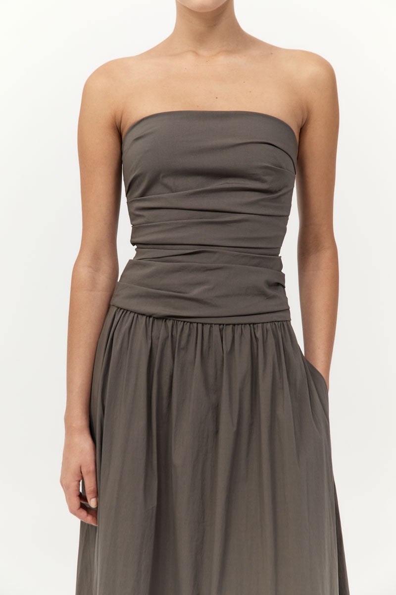Gathered Strapless Tie Back Dress - Khaki - 3