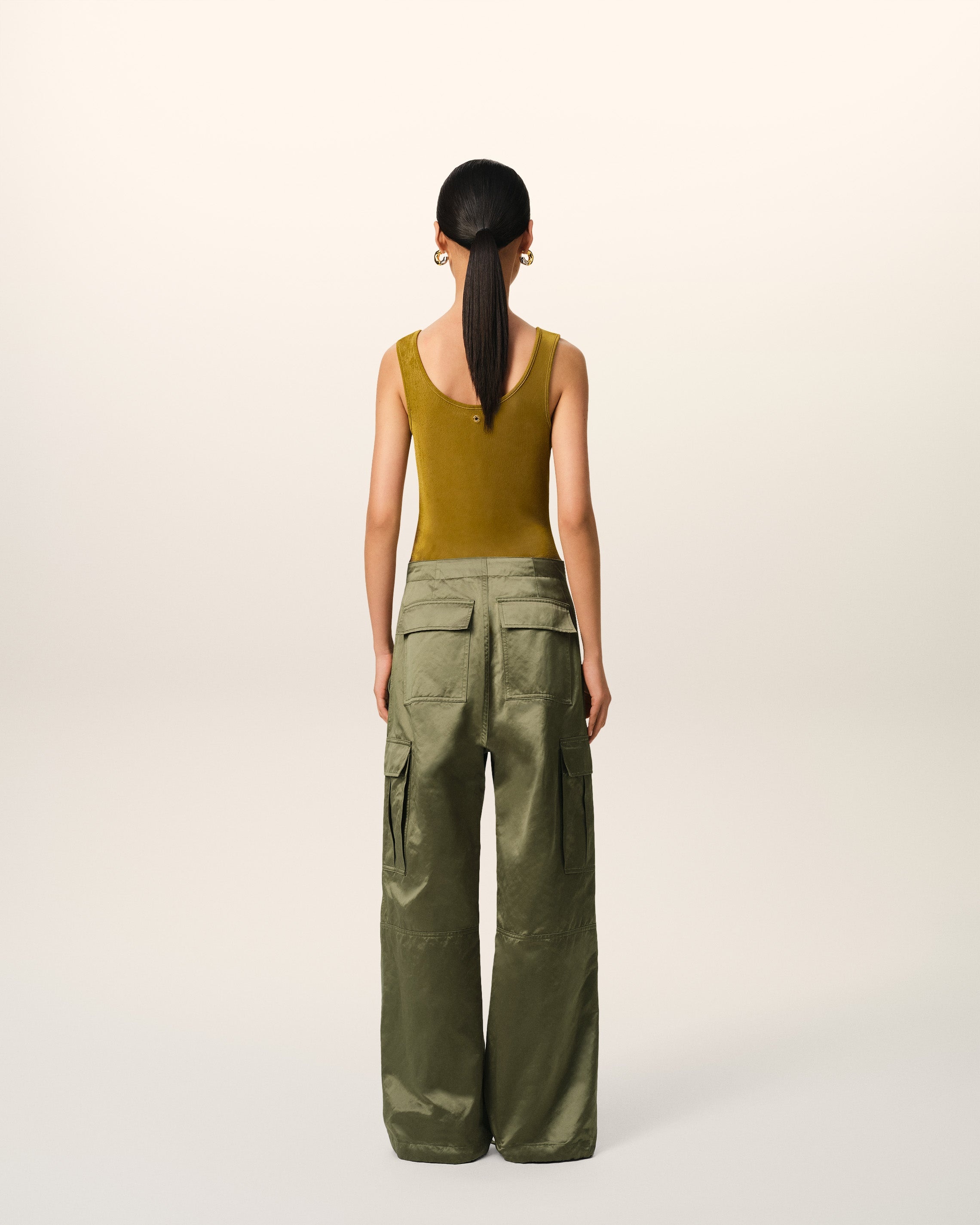 GREEN COTTON SATIN ZIPPED CARGO TROUSERS - 4