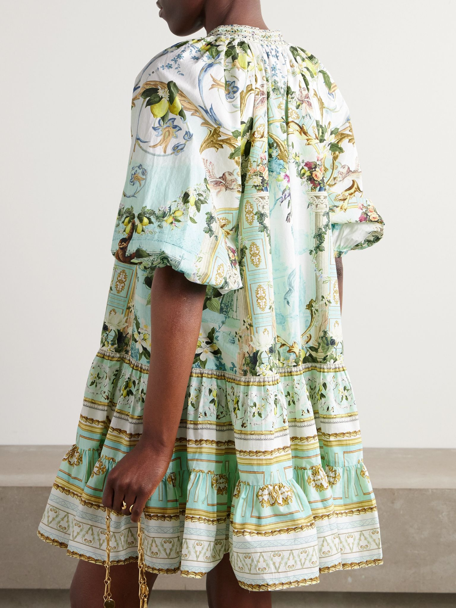 + The White Lotus tiered crystal-embellished printed organic cotton-poplin mini dress Blue - 3