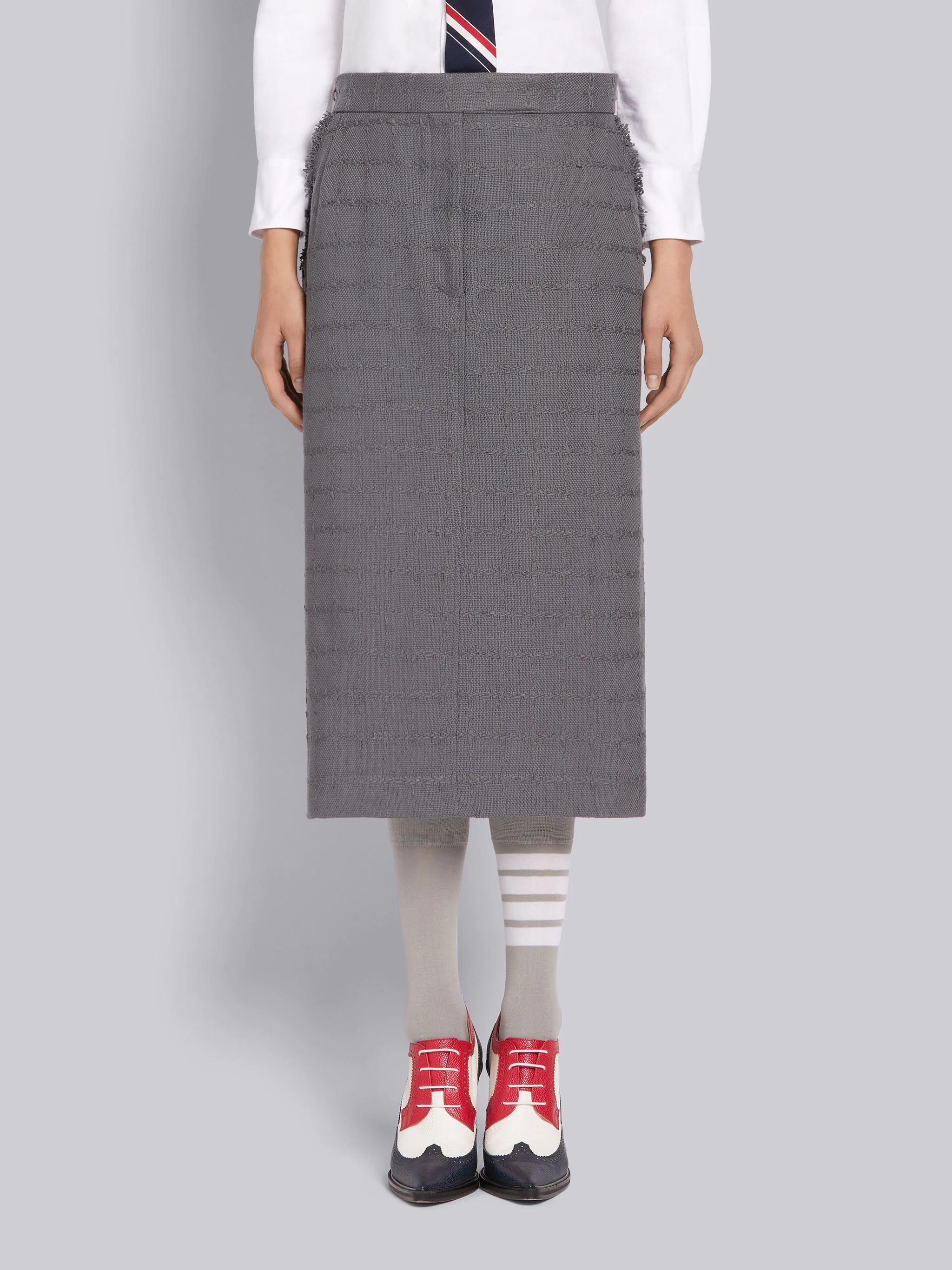 Medium Grey Windowpane Summer Tweed Frayed Sack Skirt - 1