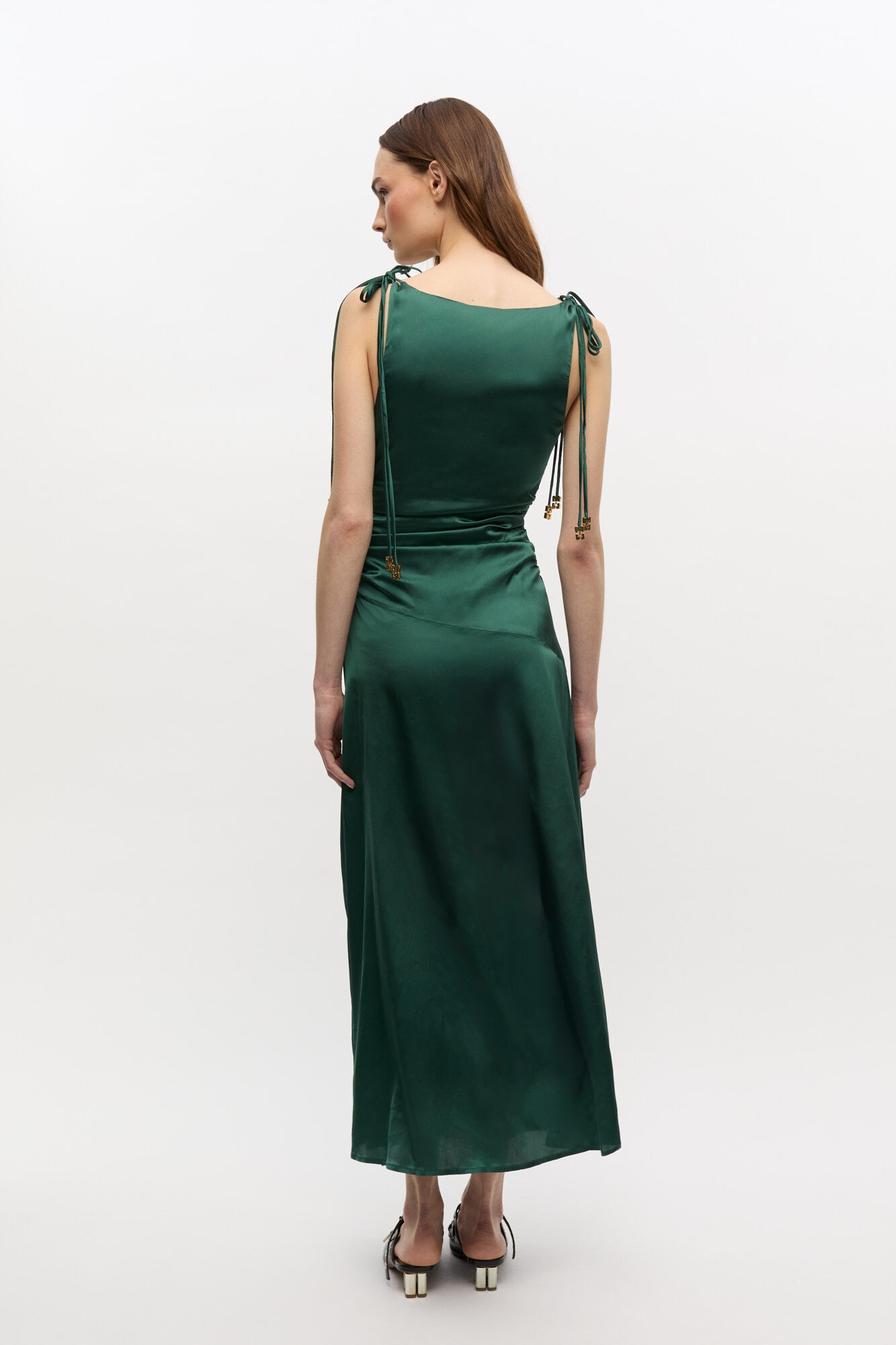 GREEN SATIN GATHERED DRESS - 3
