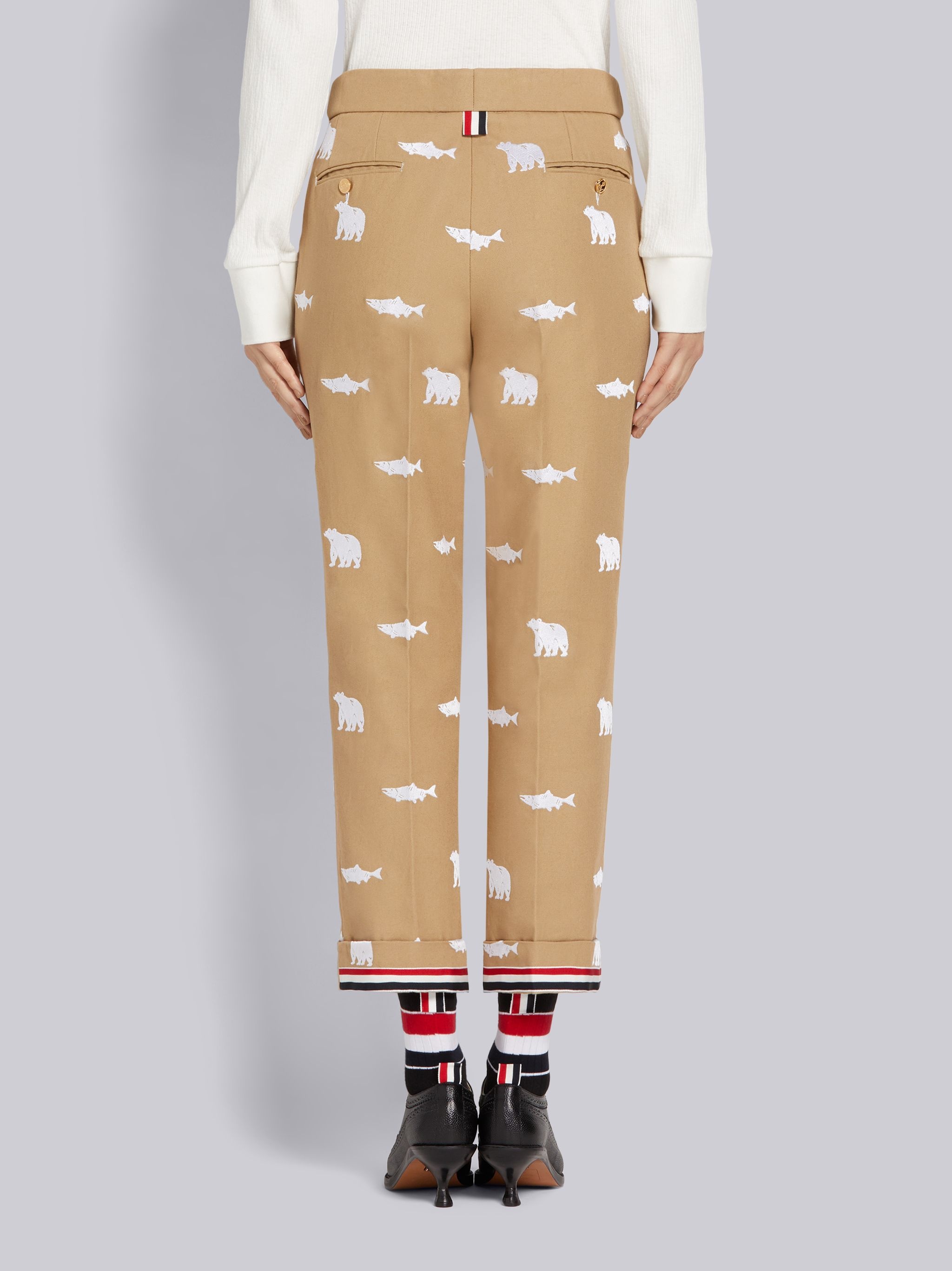 Camel Canvas Bear and Salmon Half Drop Fill Stitch Embroidery Low Rise Side Tab Skinny Trouser - 3