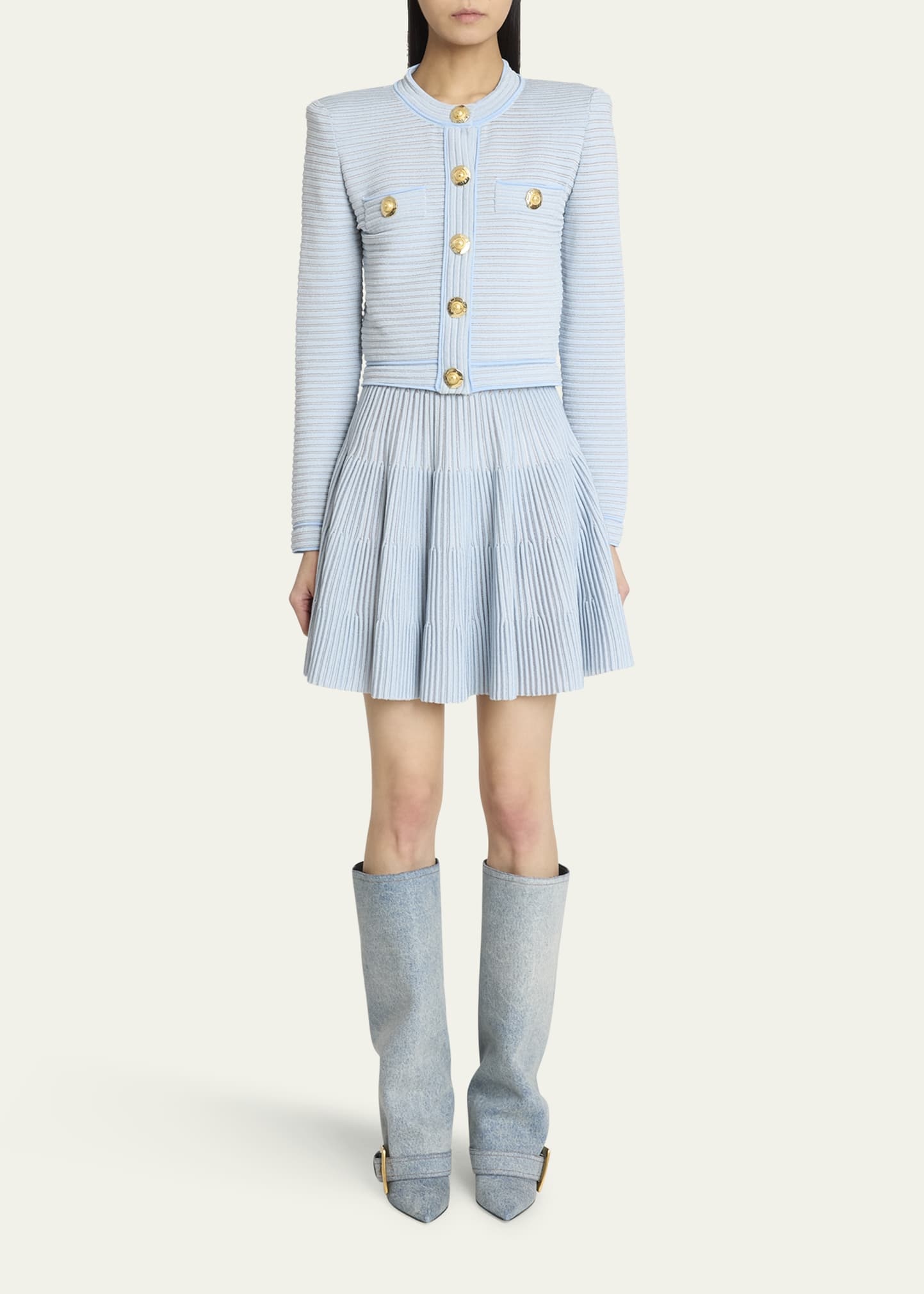 Buttoned Striped Knit Crop Cardigan - 2