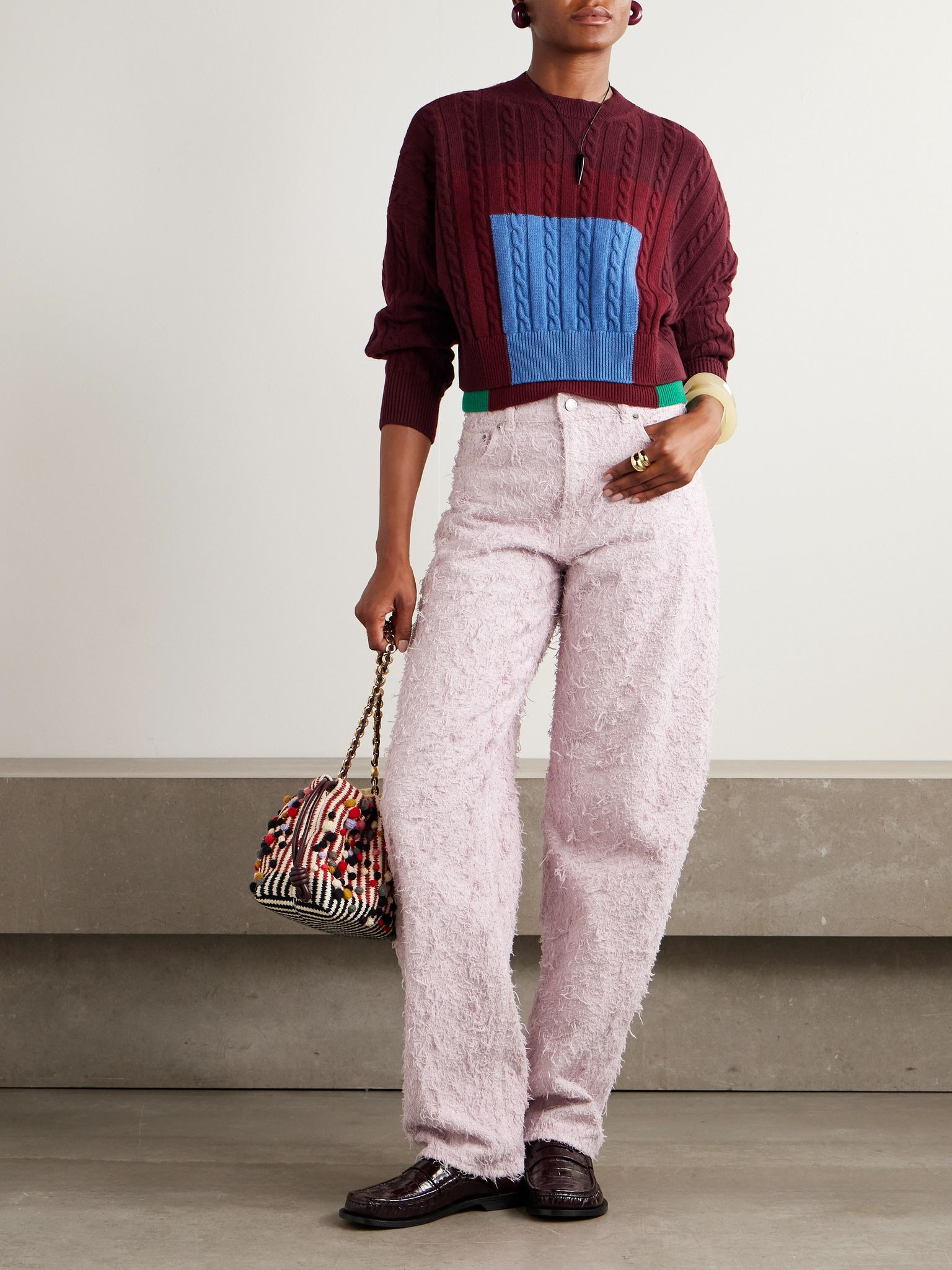 Layered cable-knit wool sweater Burgundy - 2
