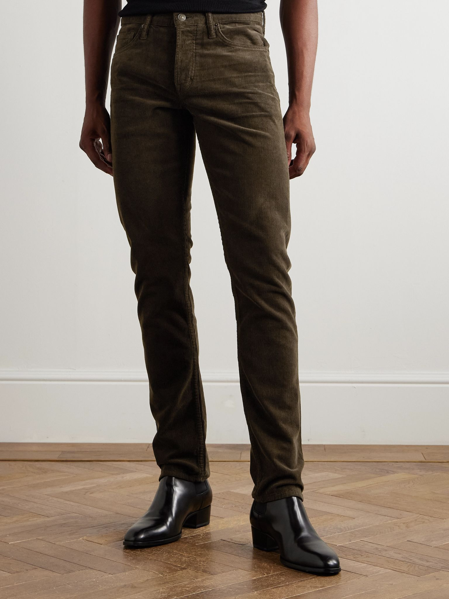 Slim-Fit Cotton-Blend Corduroy Trousers Brown - 3