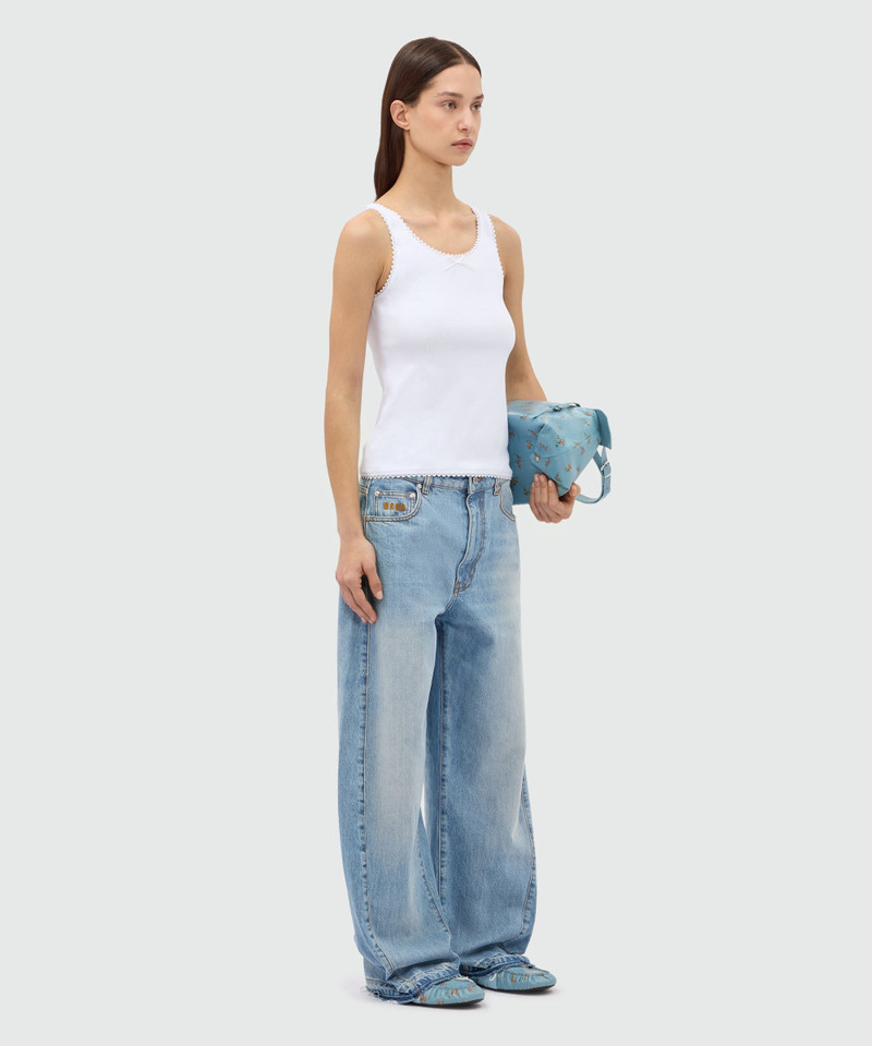 MSGM White ribbed cotton top with lace trim and bow detail outlook