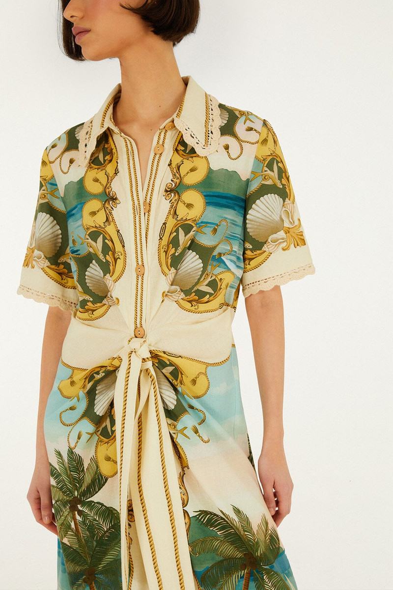 FARM RIO Off-White Royal Sea Collared Lenzing Ecovero Euroflax Midi Dress outlook