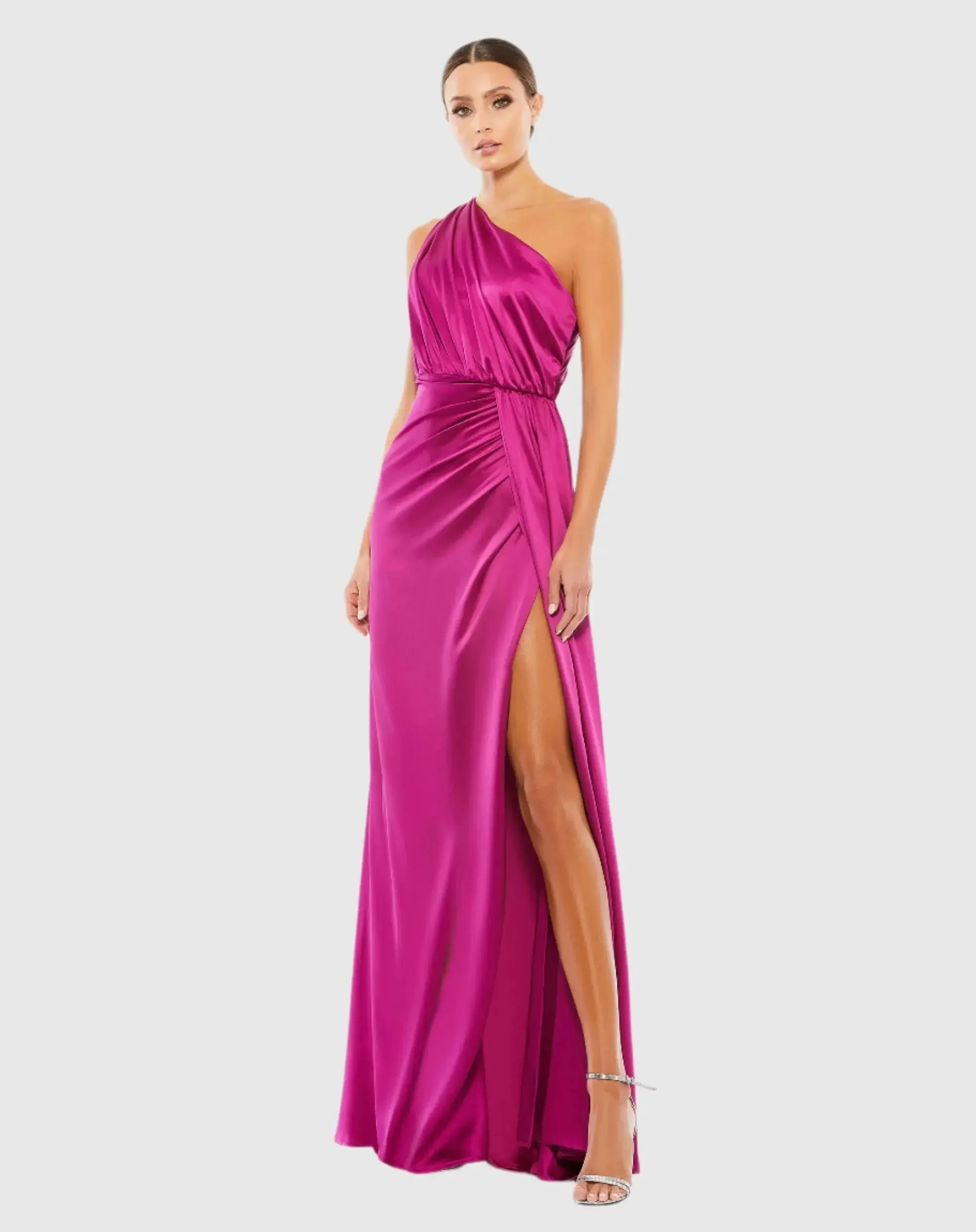 Purple Gathered One Shoulder Satin Faux Wrap Gown - 1