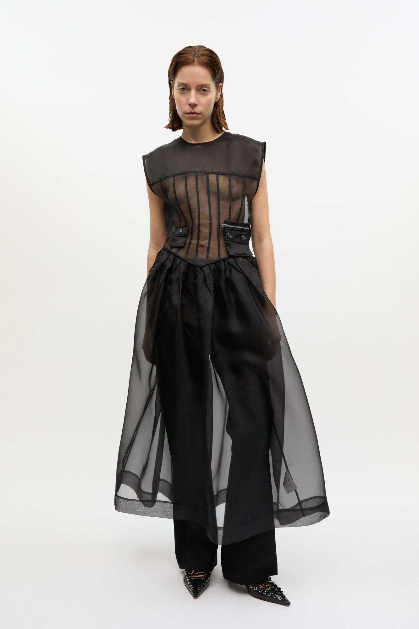 BLACK TECHNICAL ORGANZA CORSET MIDI DRESS - 2