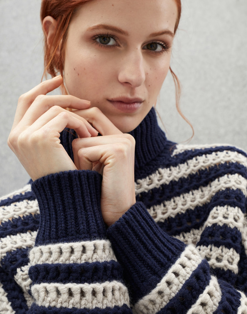 Striped net turtleneck sweater in virgin wool, cashmere and silk feather yarn 3