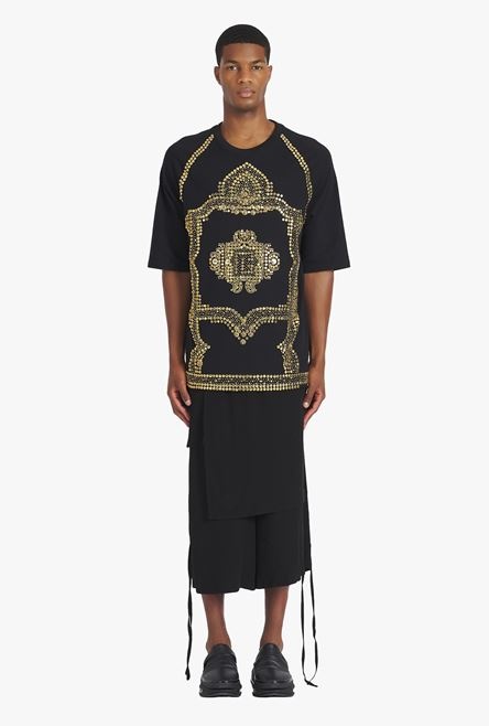 Oversized black cotton T-shirt with gold-tone studded embroidery - 4