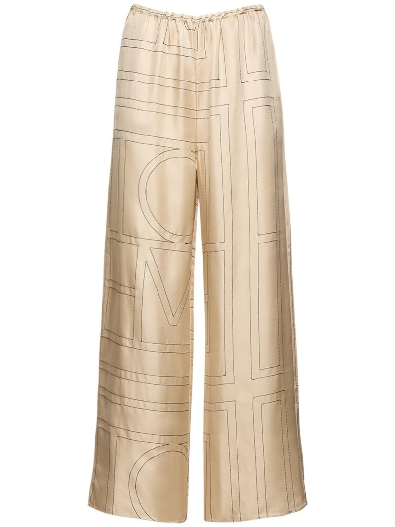 Monogram embroidered silk pants - 1