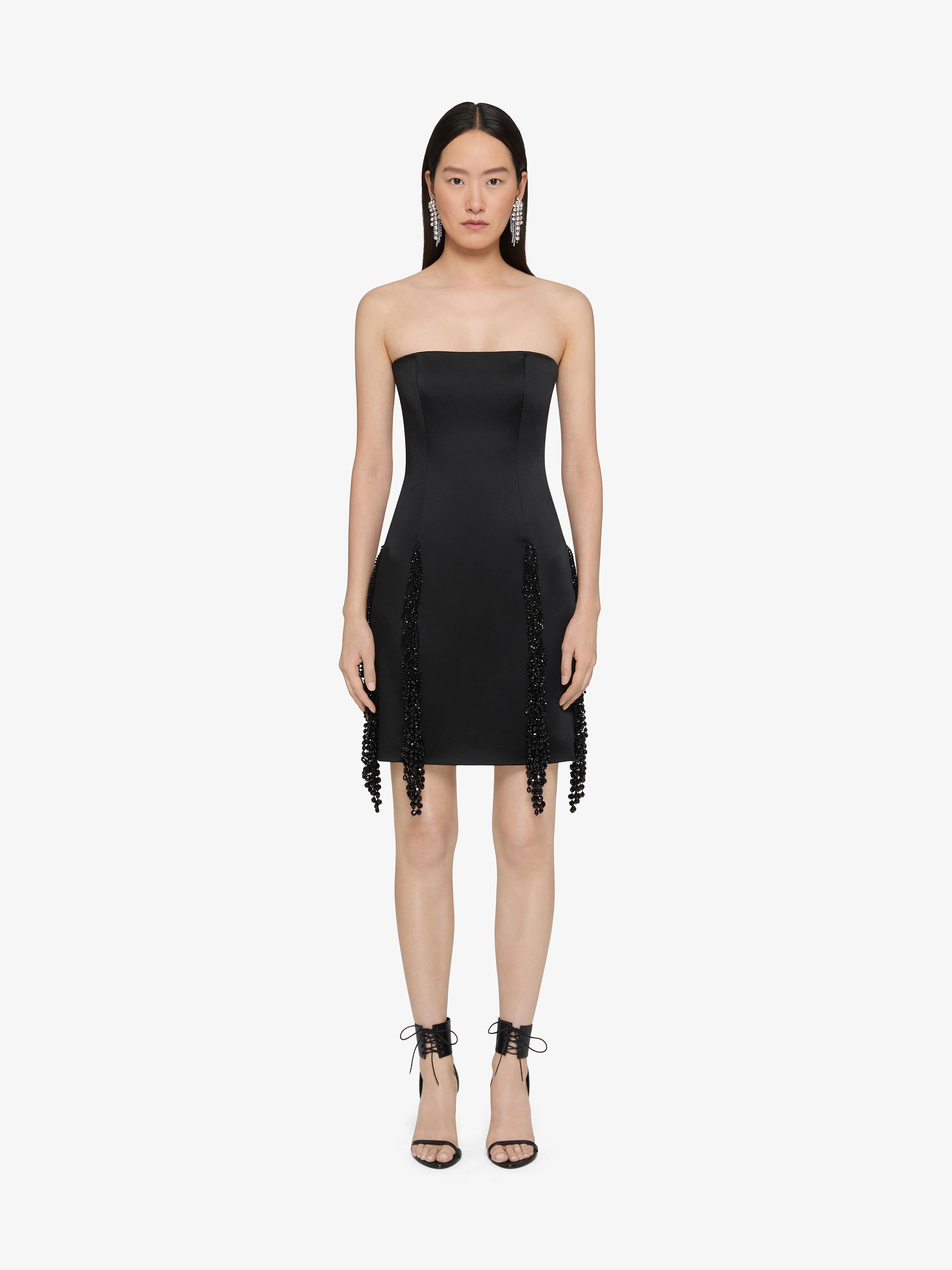 STRAPLESS DRESS IN CREPE SATIN WITH CRYSTAL FRINGES - 2