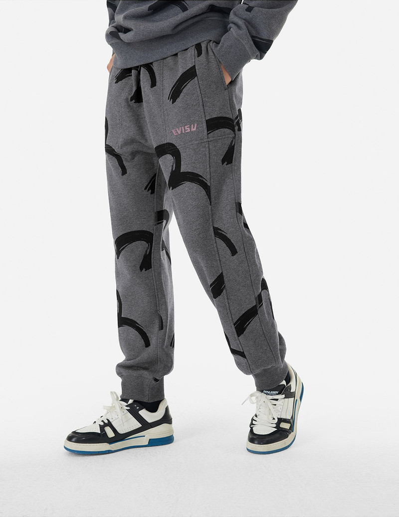 EVISU Allover Brushstroke Seagull and Logo Print Straight Fit Sweatpants outlook