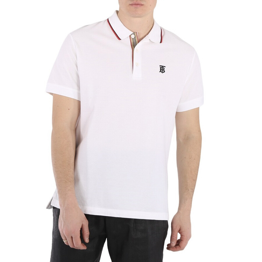 Burberry Men's White Icon Stripe Placket Cotton Pique Polo Shirt - 1