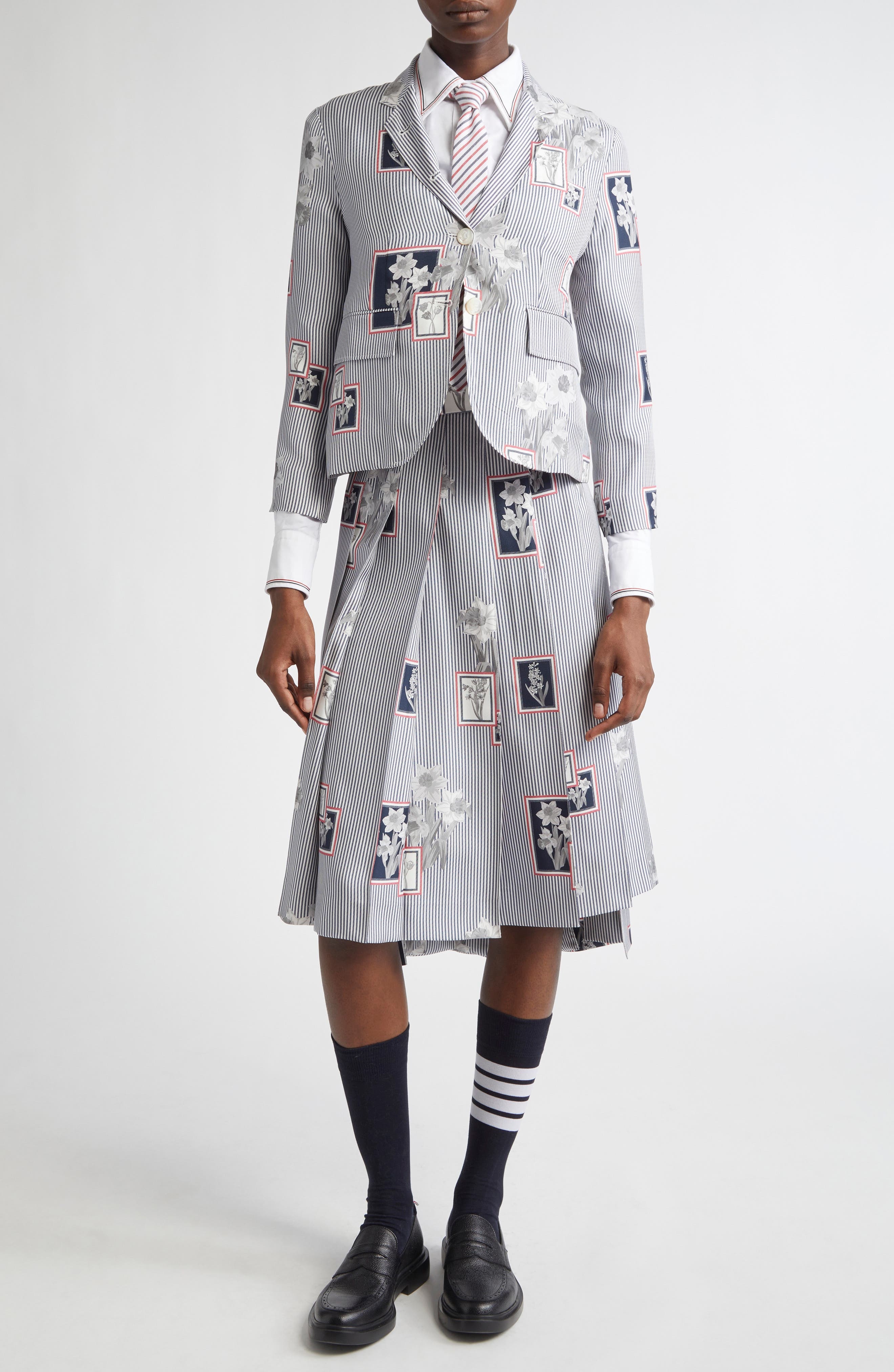 Thom Browne Classic Framed Floral Pleated Silk Skirt in Navy at Nordstrom - 2