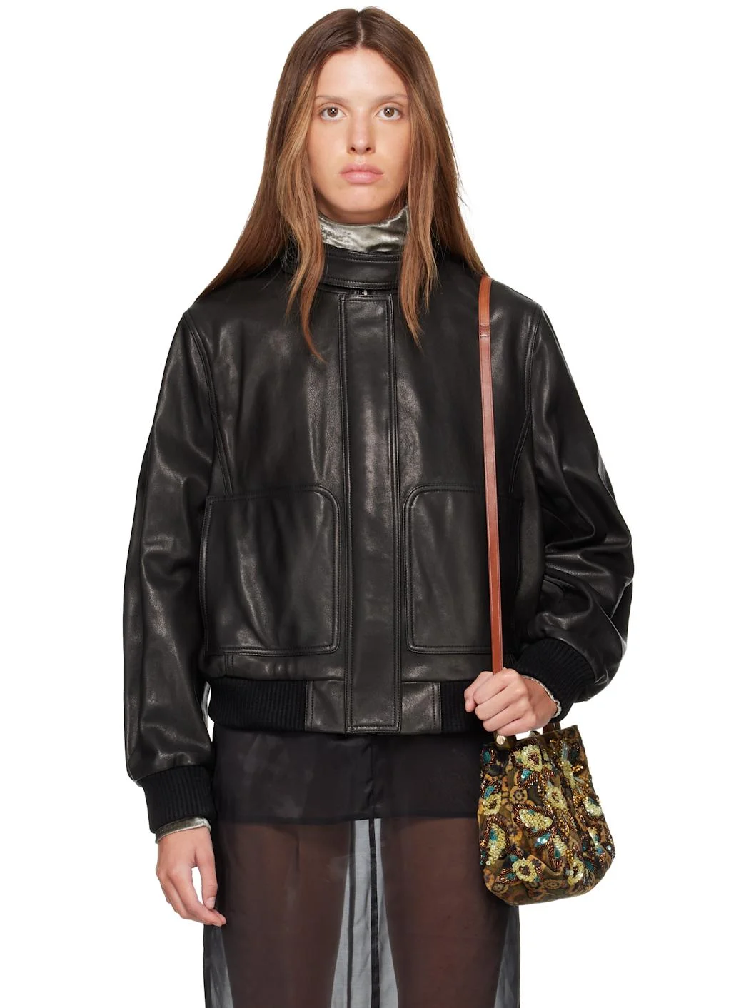 Black Rios Leather Bomber Jacket - 1