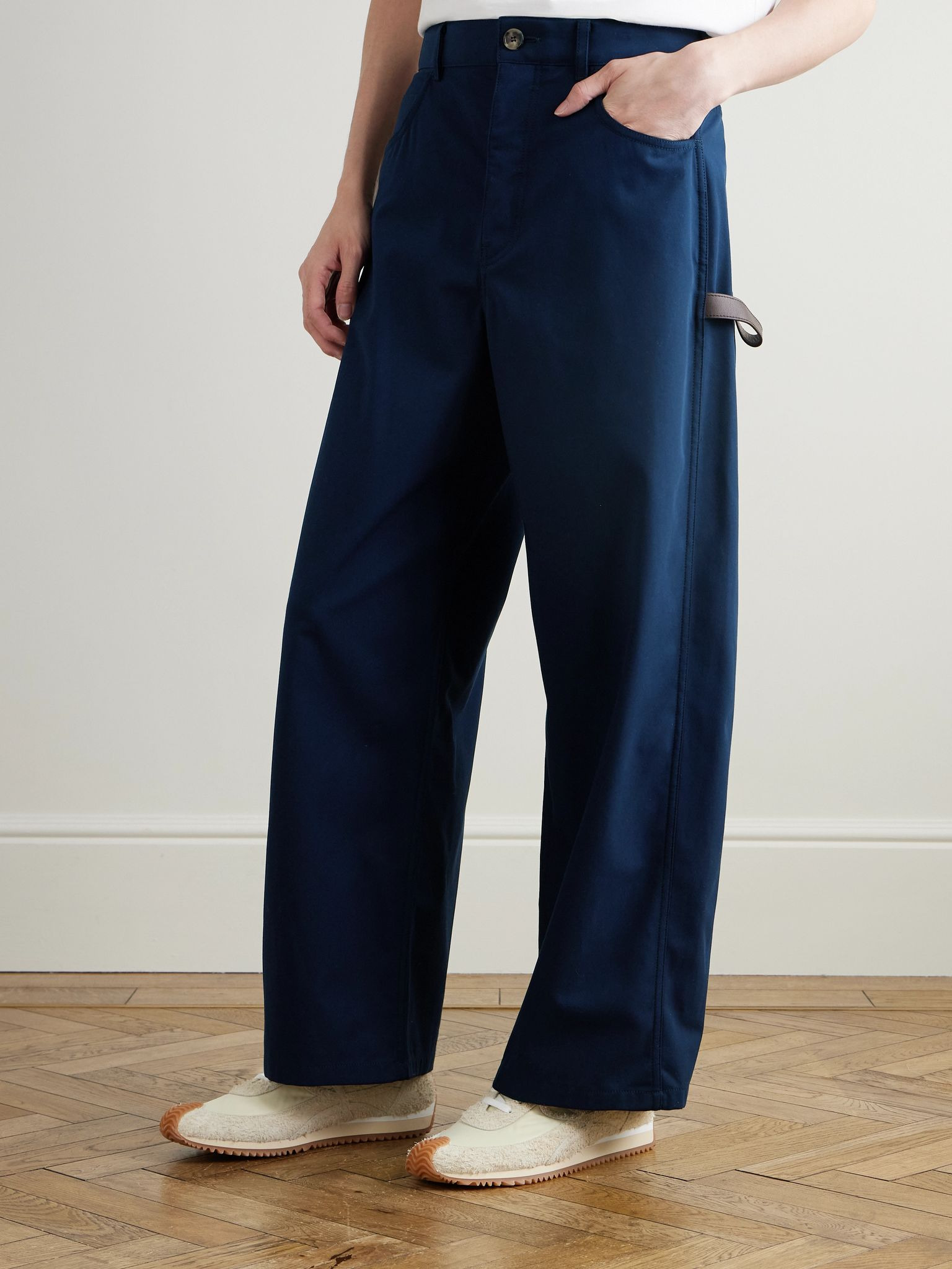 Carpenter Straight-Leg Leather-Trimmed Cotton-Twill Trousers Navy - 3