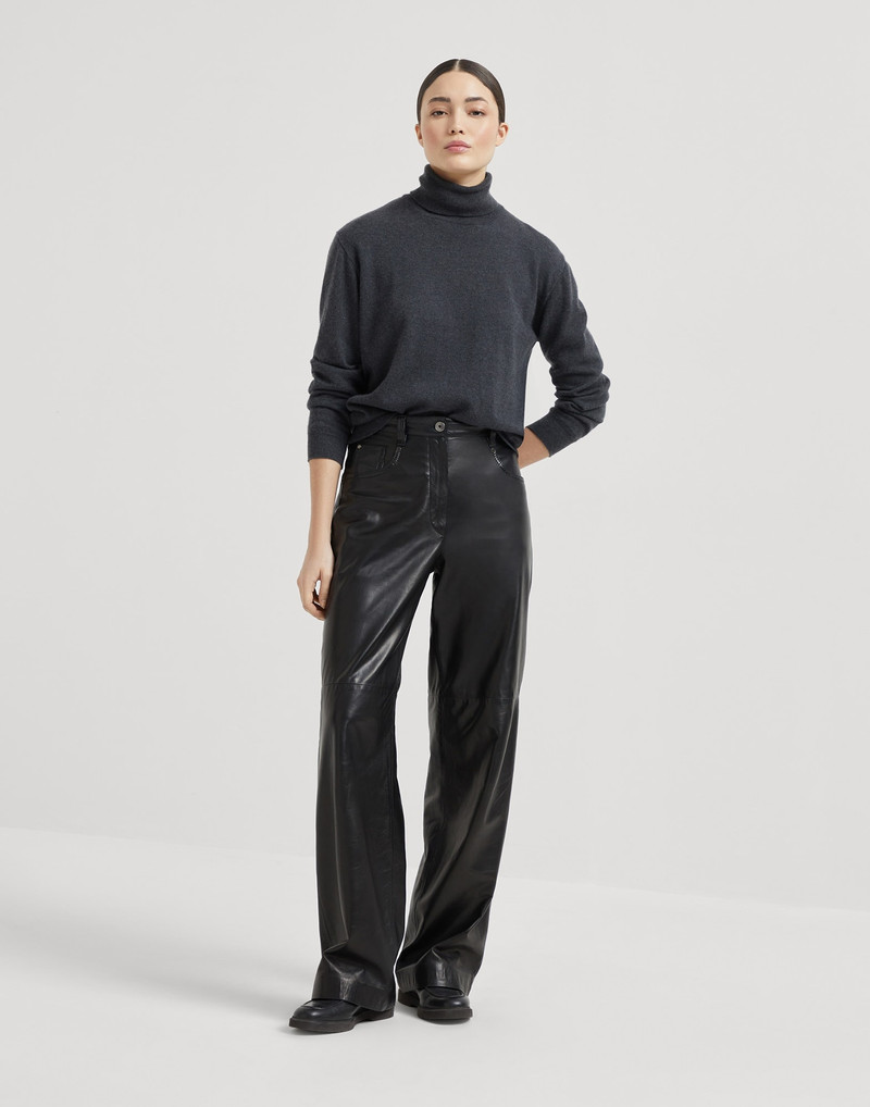 Smooth nappa leather wide five-pocket trousers with shiny tab 4