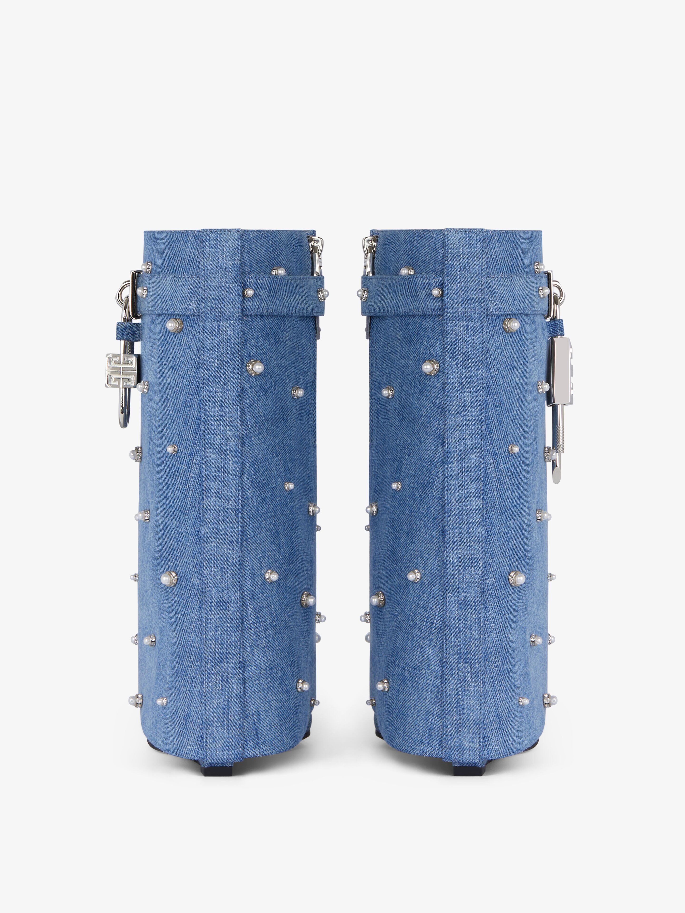 SHARK LOCK ANKLE BOOTS IN DENIM WITH PEARLS - 7