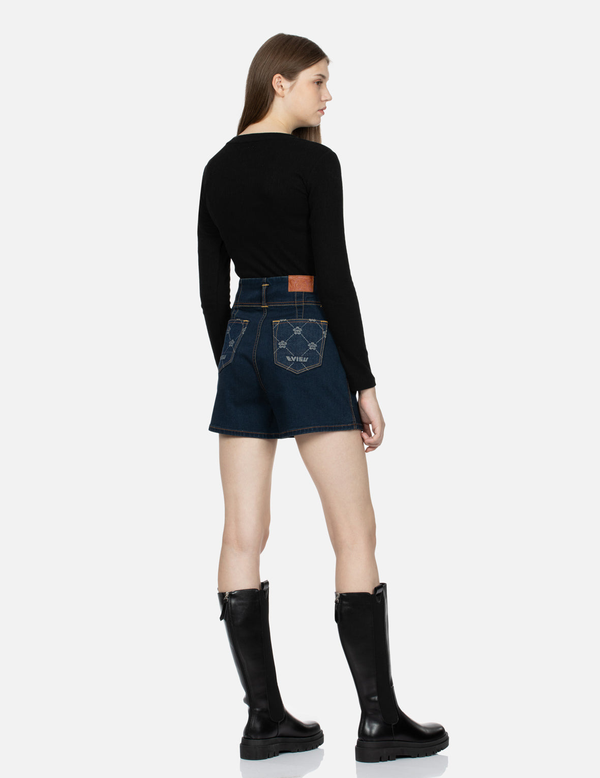 ALLOVER KAMON PATTERN POCKETS HIGH WAIST DENIM SHORTS - 3